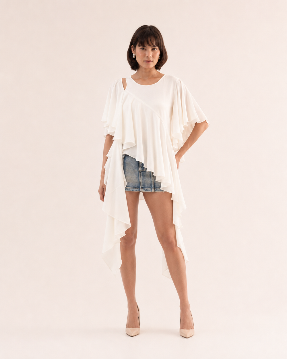 Tops - LARA Ivory Asymmetric Ruffle Top