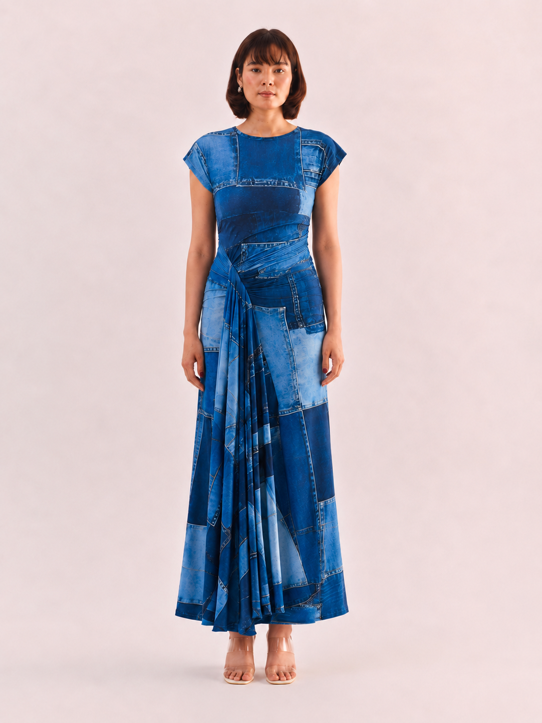 MIA Denim Print Draped Maxi Dress