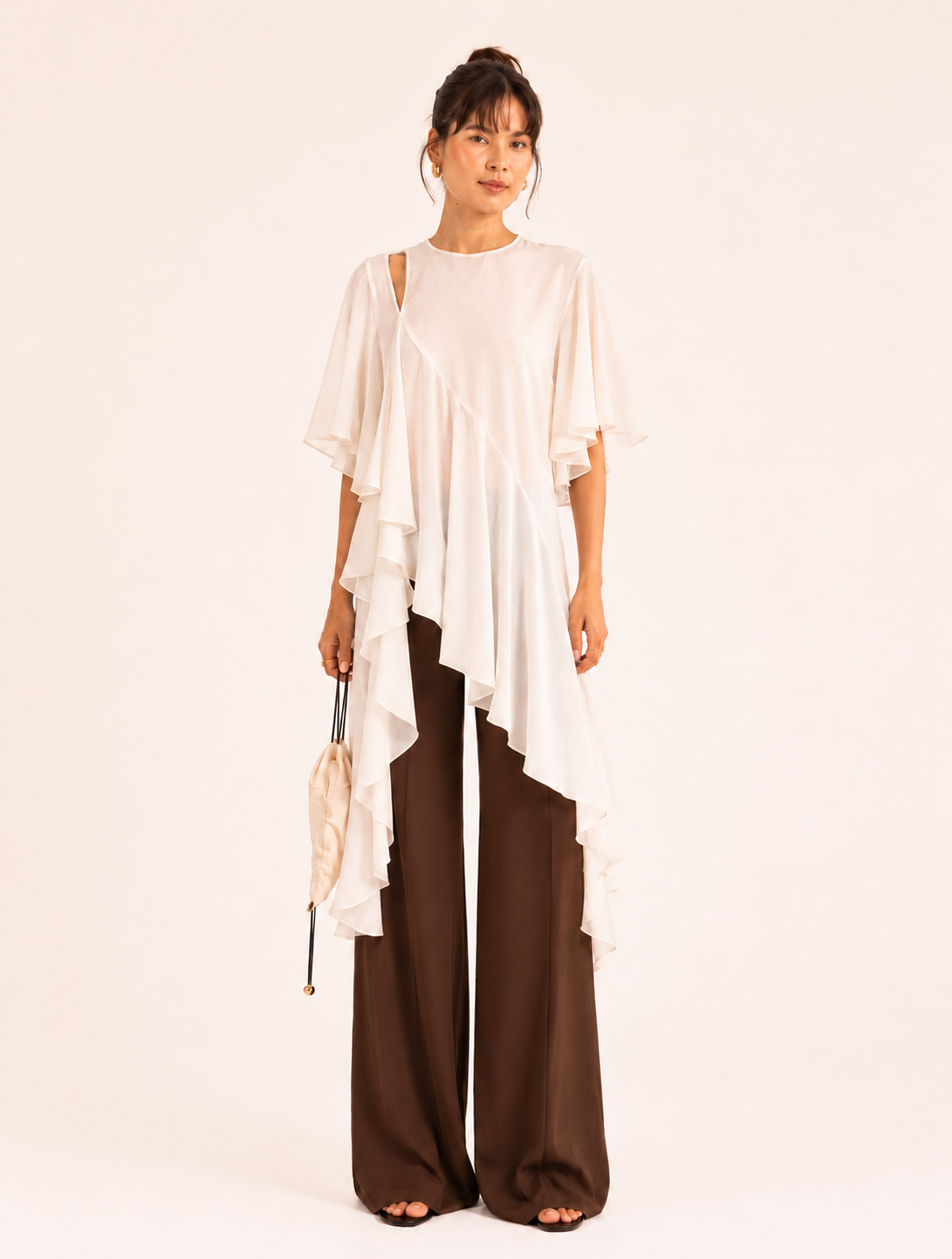 LARA Ivory Asymmetric Ruffle Top