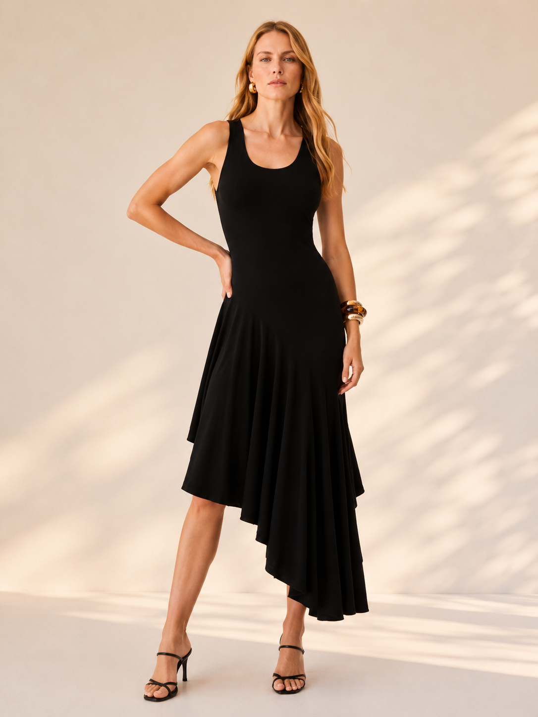 MISHA Asymmetric Black Midi Dress