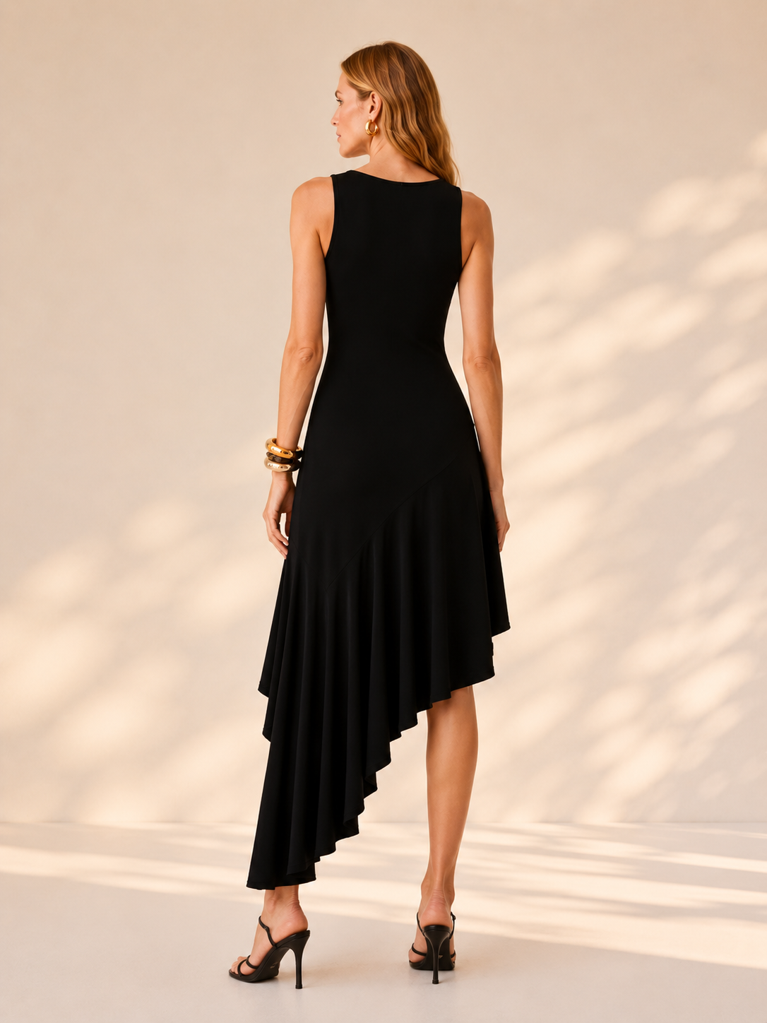 MISHA Asymmetric Black Midi Dress