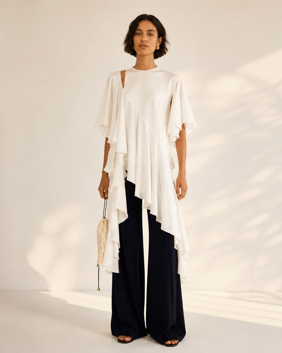 LARA Ivory Asymmetric Ruffle Top