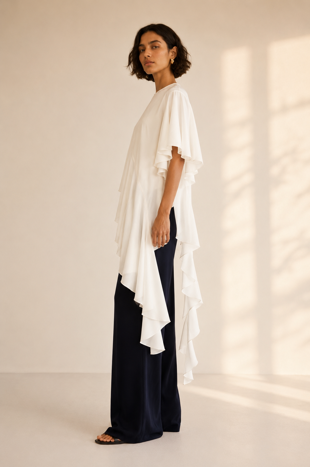 LARA Ivory Asymmetric Ruffle Top