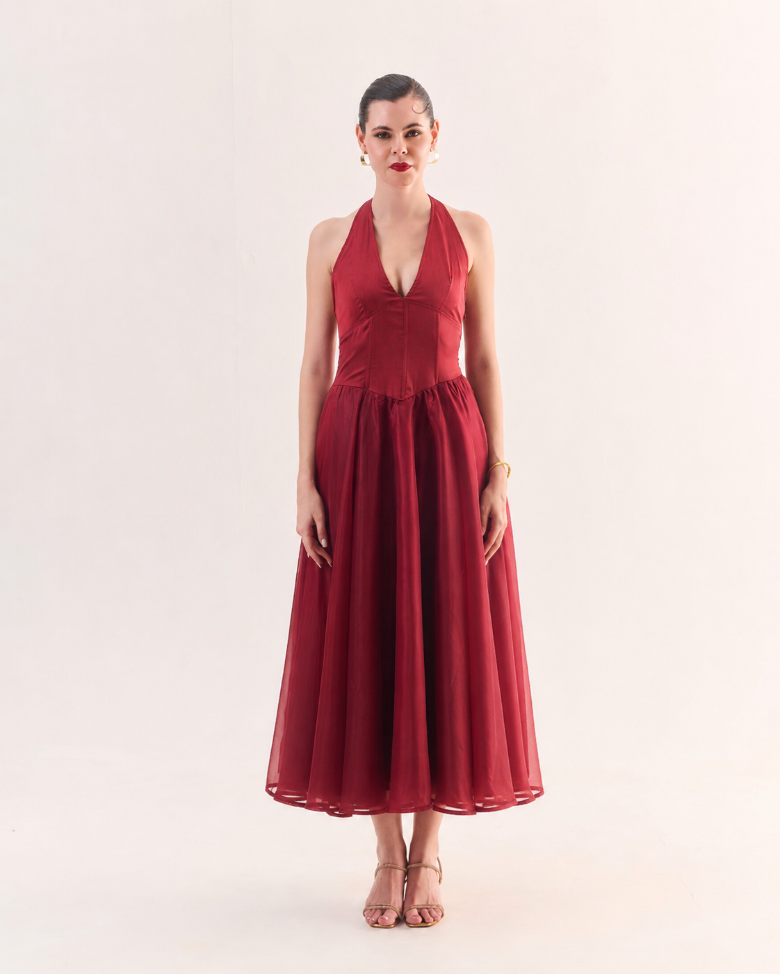 RUBY Halter Satin Flared Maxi Dress