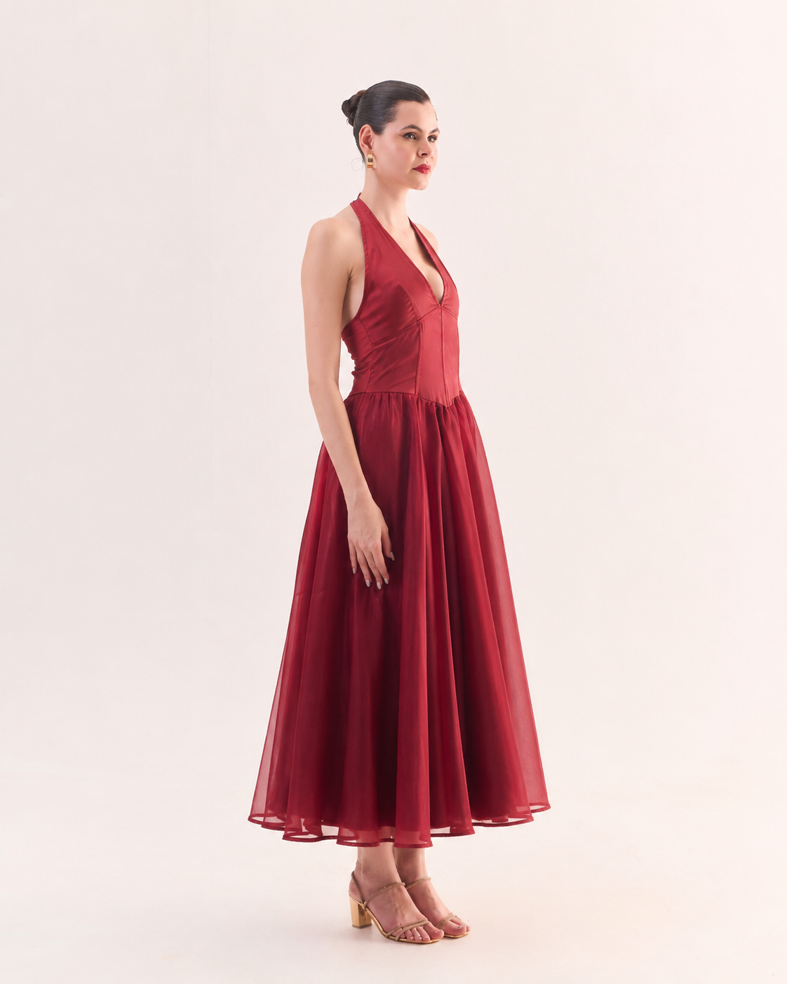 RUBY Halter Satin Flared Maxi Dress