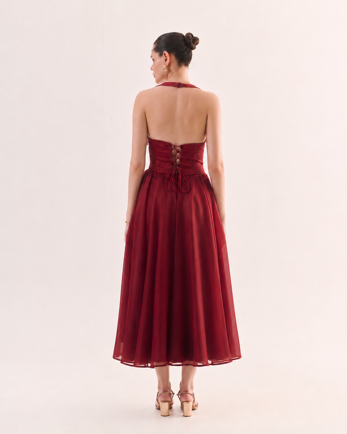 RUBY Halter Satin Flared Maxi Dress
