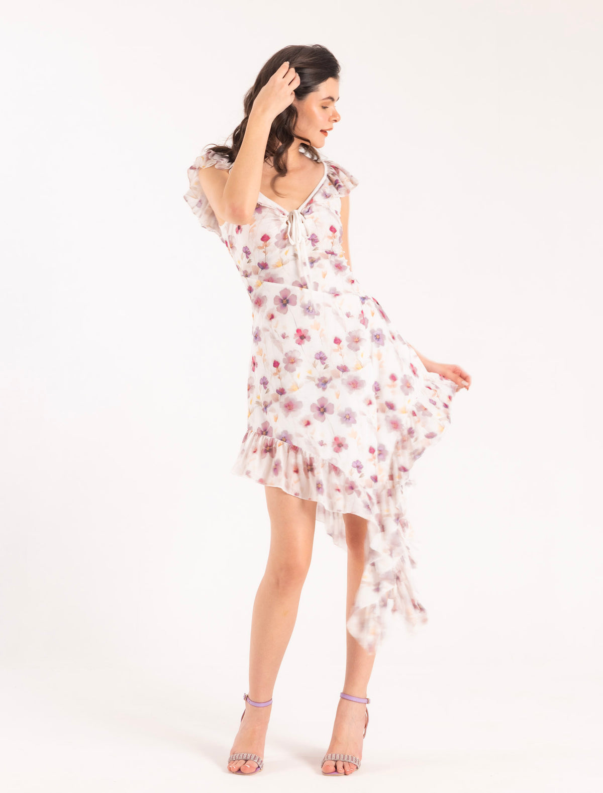 LILA Asymmetric Floral Mesh Dress