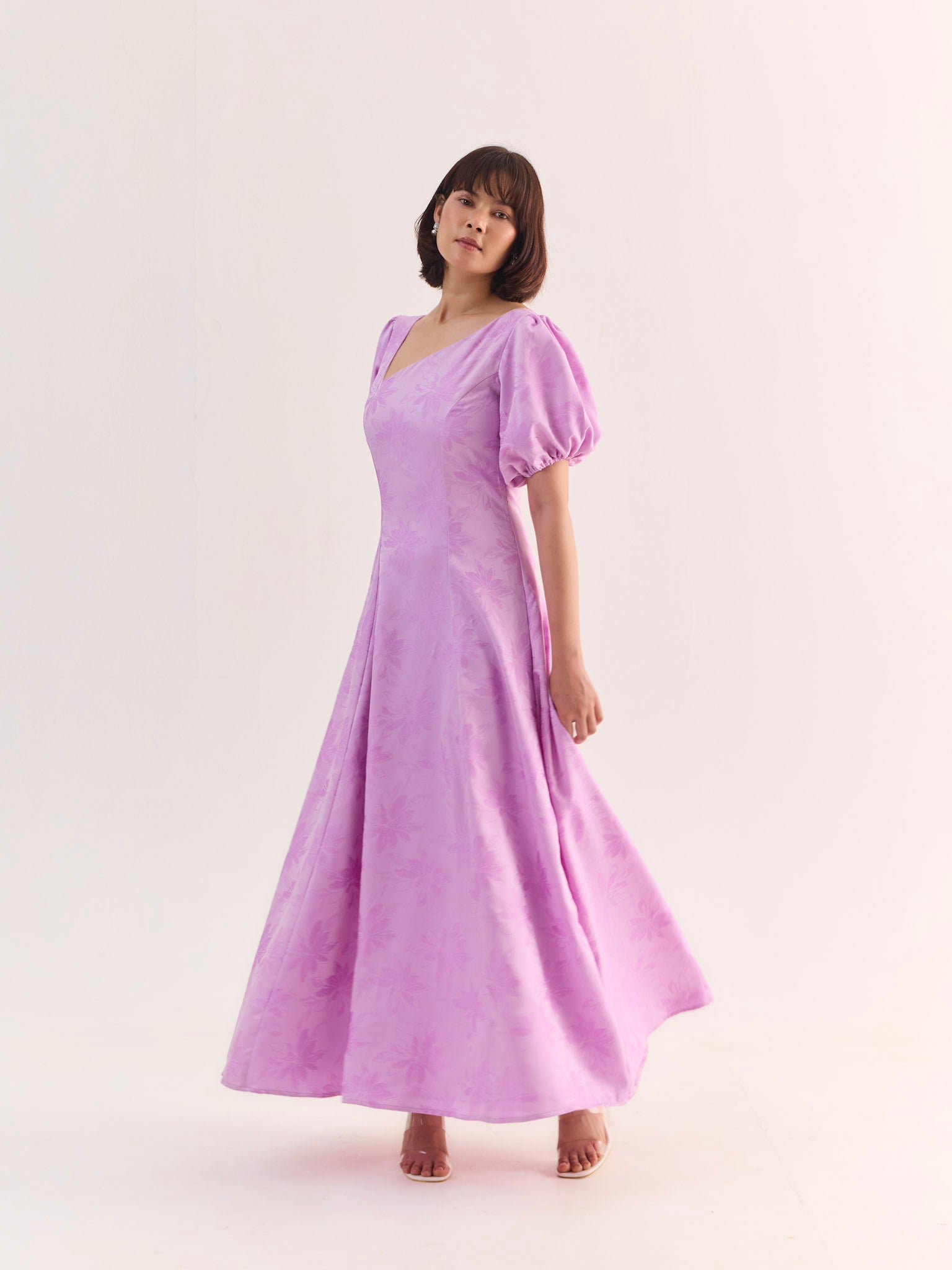 BELLA Bloom Satin Jacquard Flared Maxi Dress