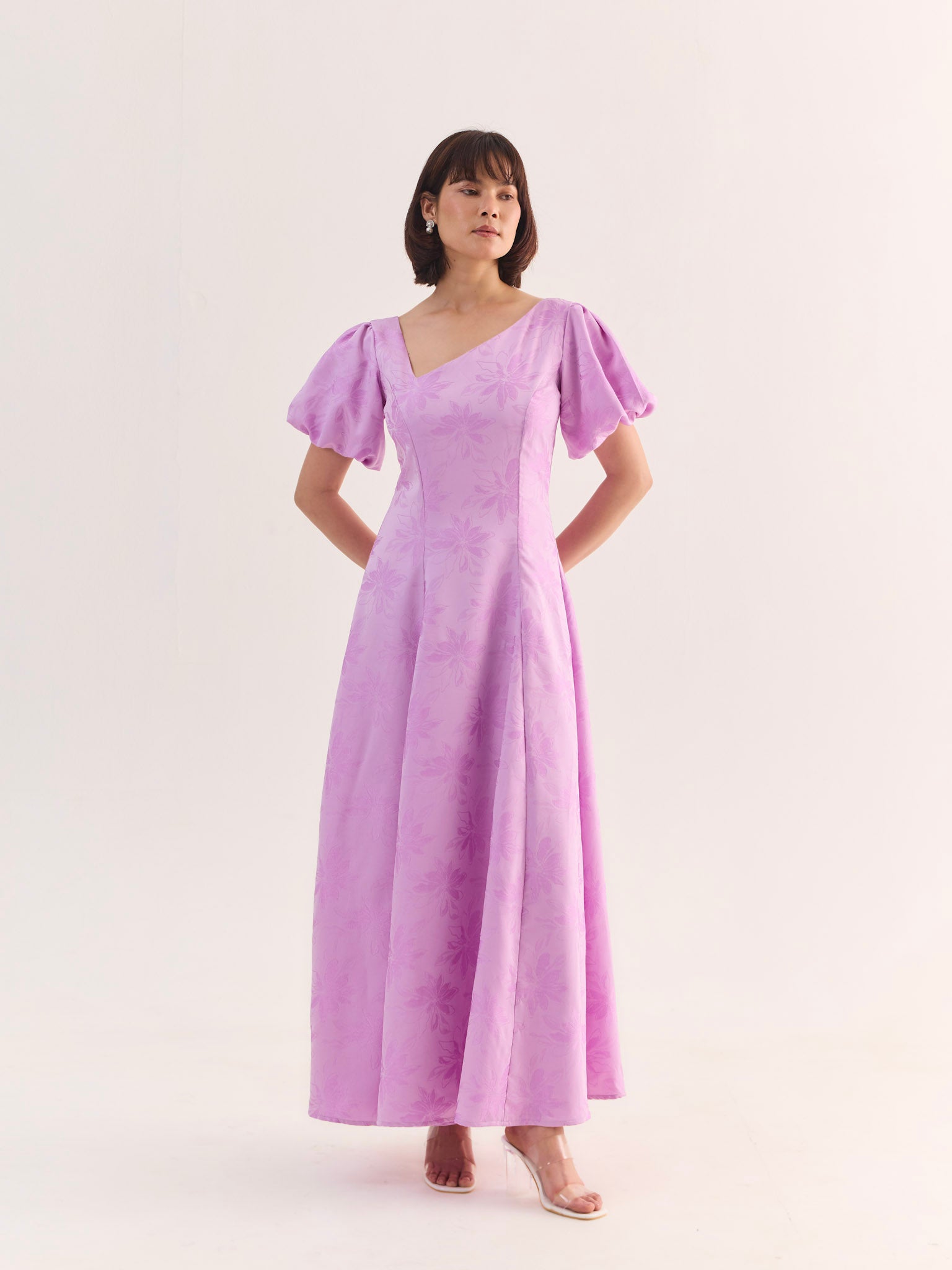 BELLA Bloom Satin Jacquard Flared Maxi Dress