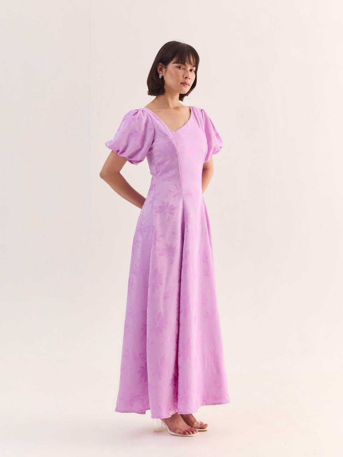 BELLA Bloom Satin Jacquard Flared Maxi Dress