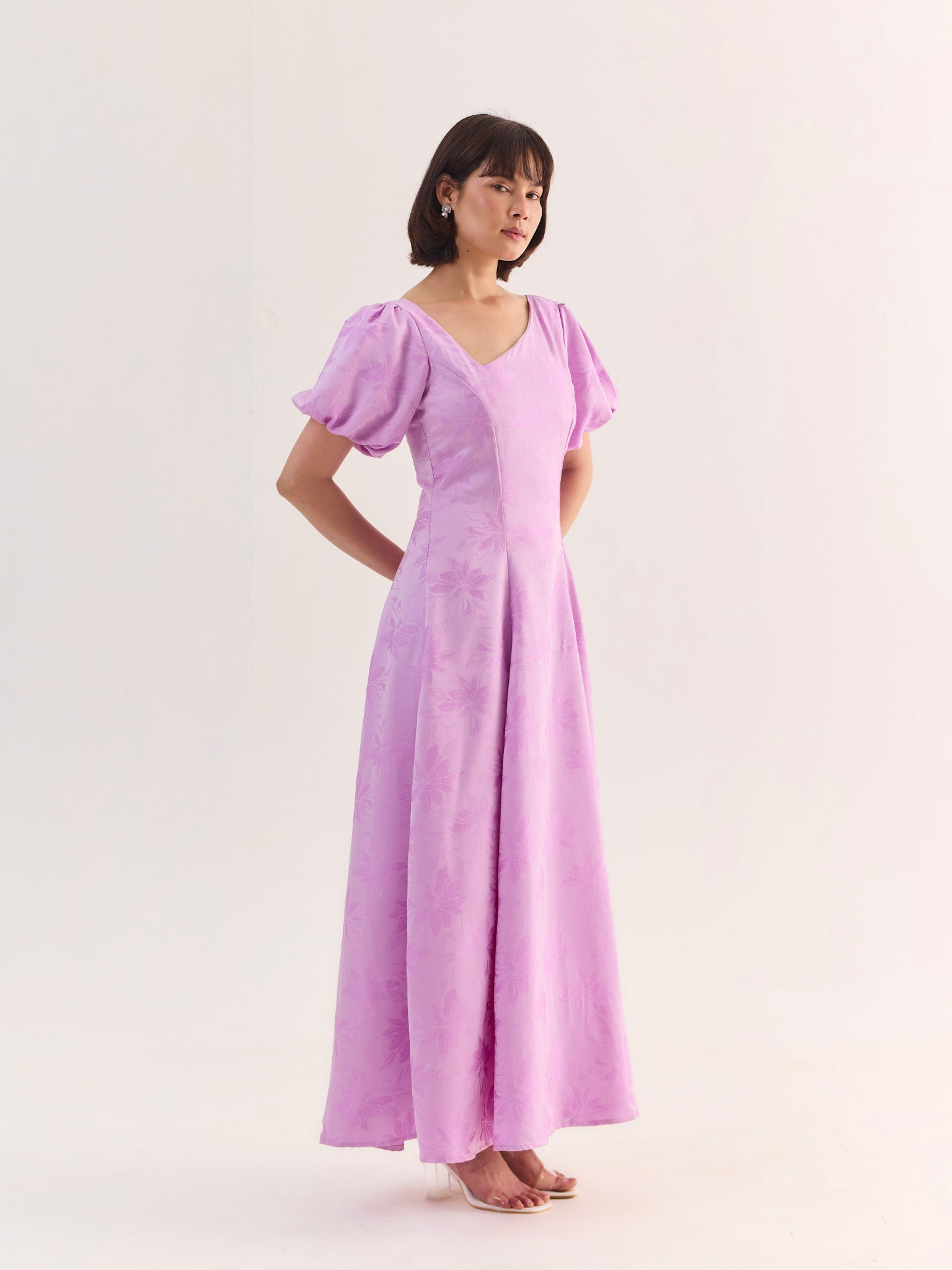 BELLA Bloom Satin Jacquard Flared Maxi Dress