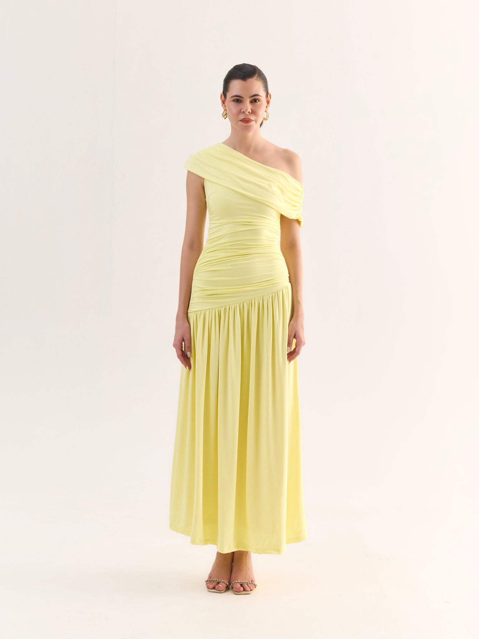 AURELIE Butter Yellow Ruched Maxi Dress