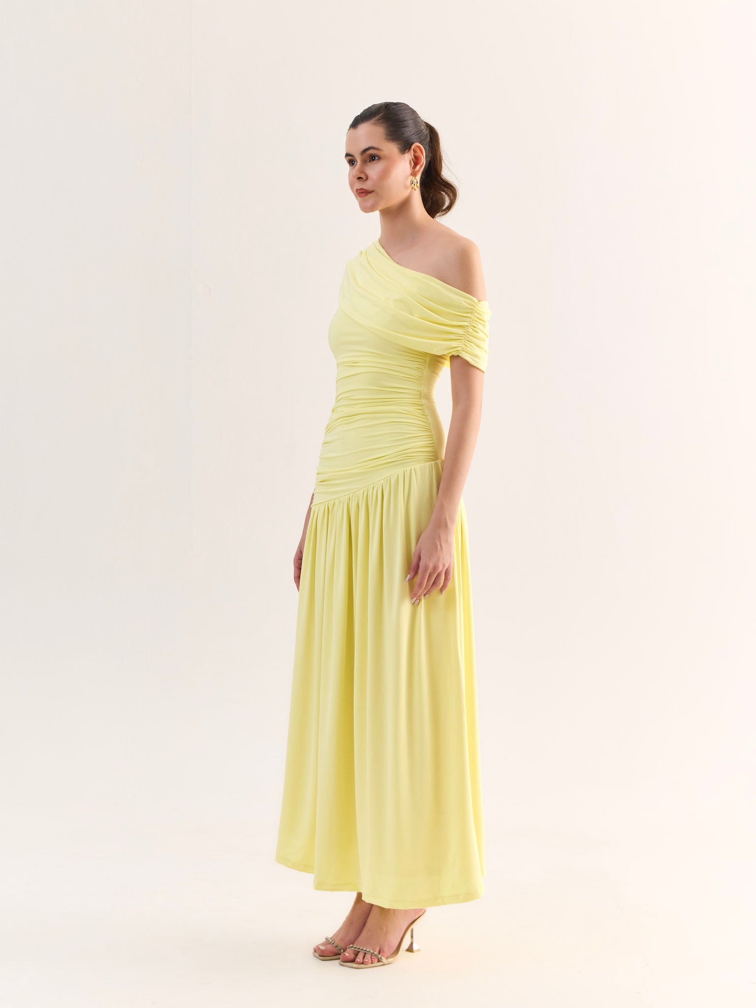 AURELIE Butter Yellow Ruched Maxi Dress