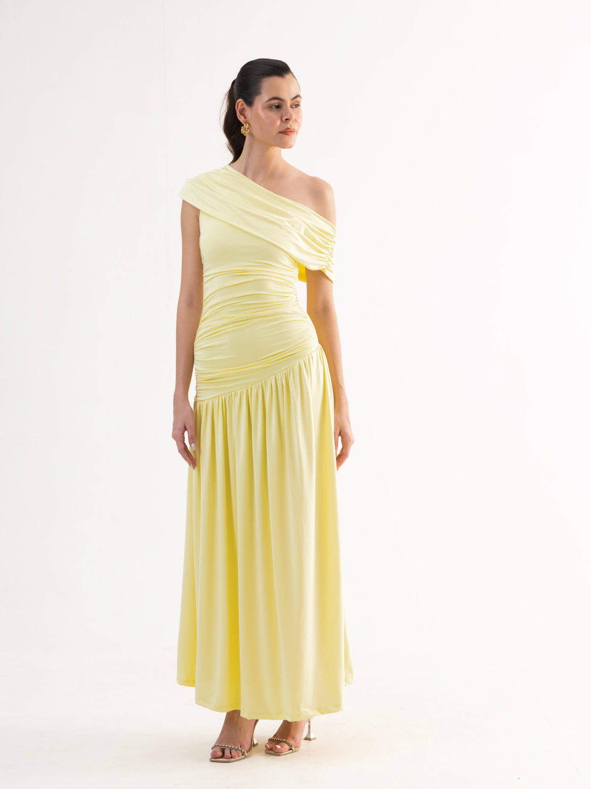 AURELIE Butter Yellow Ruched Maxi Dress