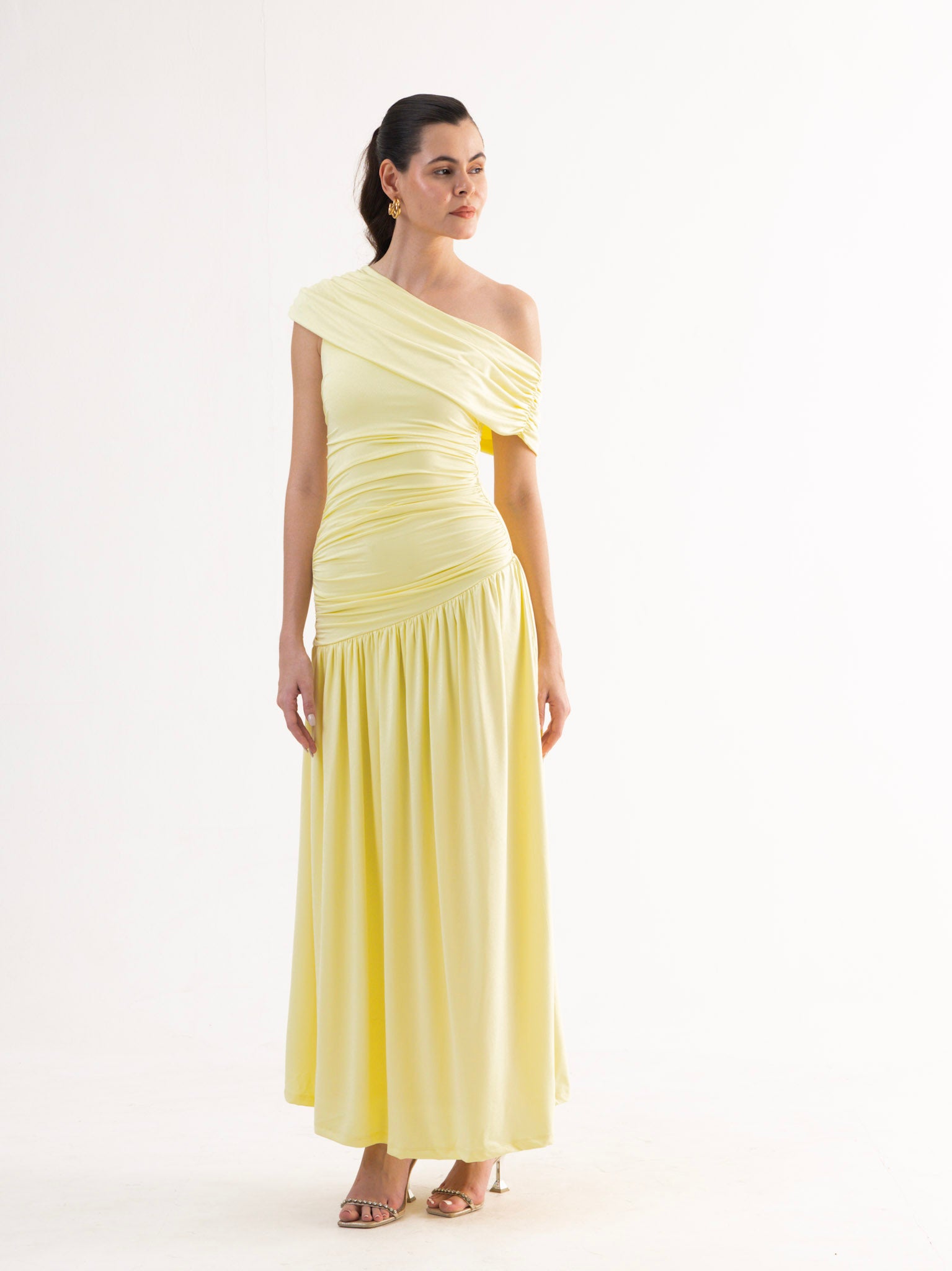 AURELIE Butter Yellow Ruched Maxi Dress
