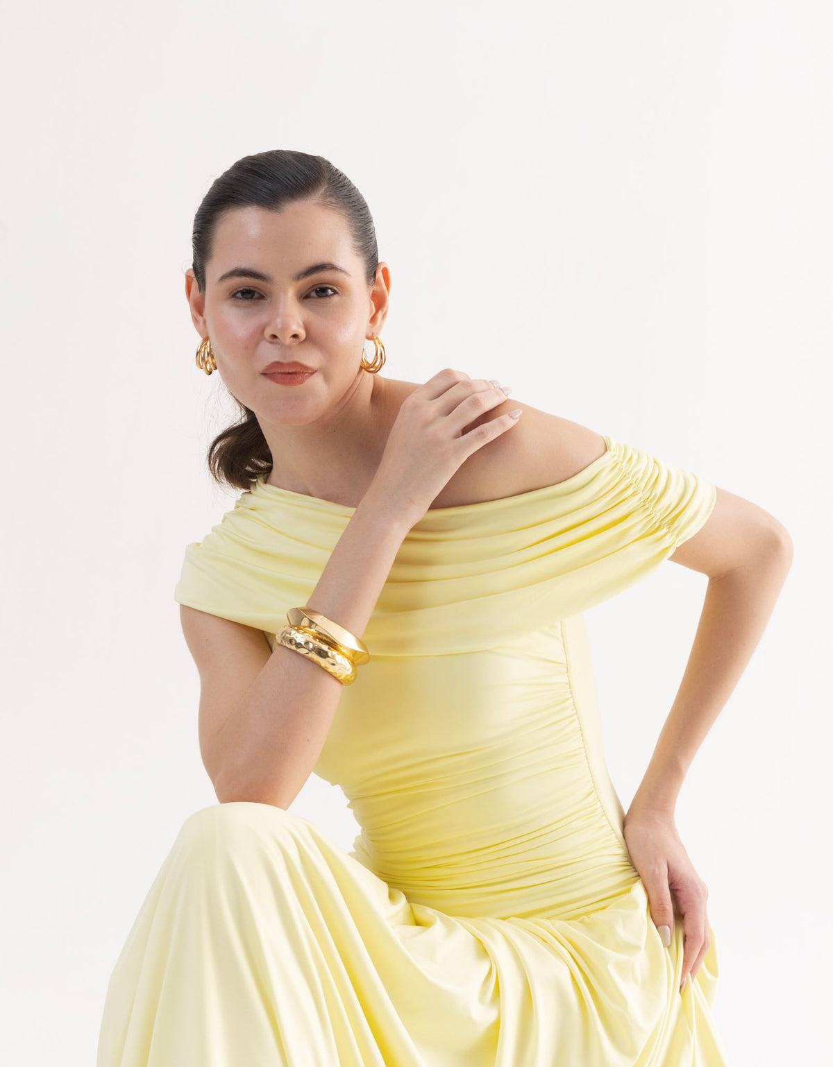 AURELIE Butter Yellow Ruched Maxi Dress