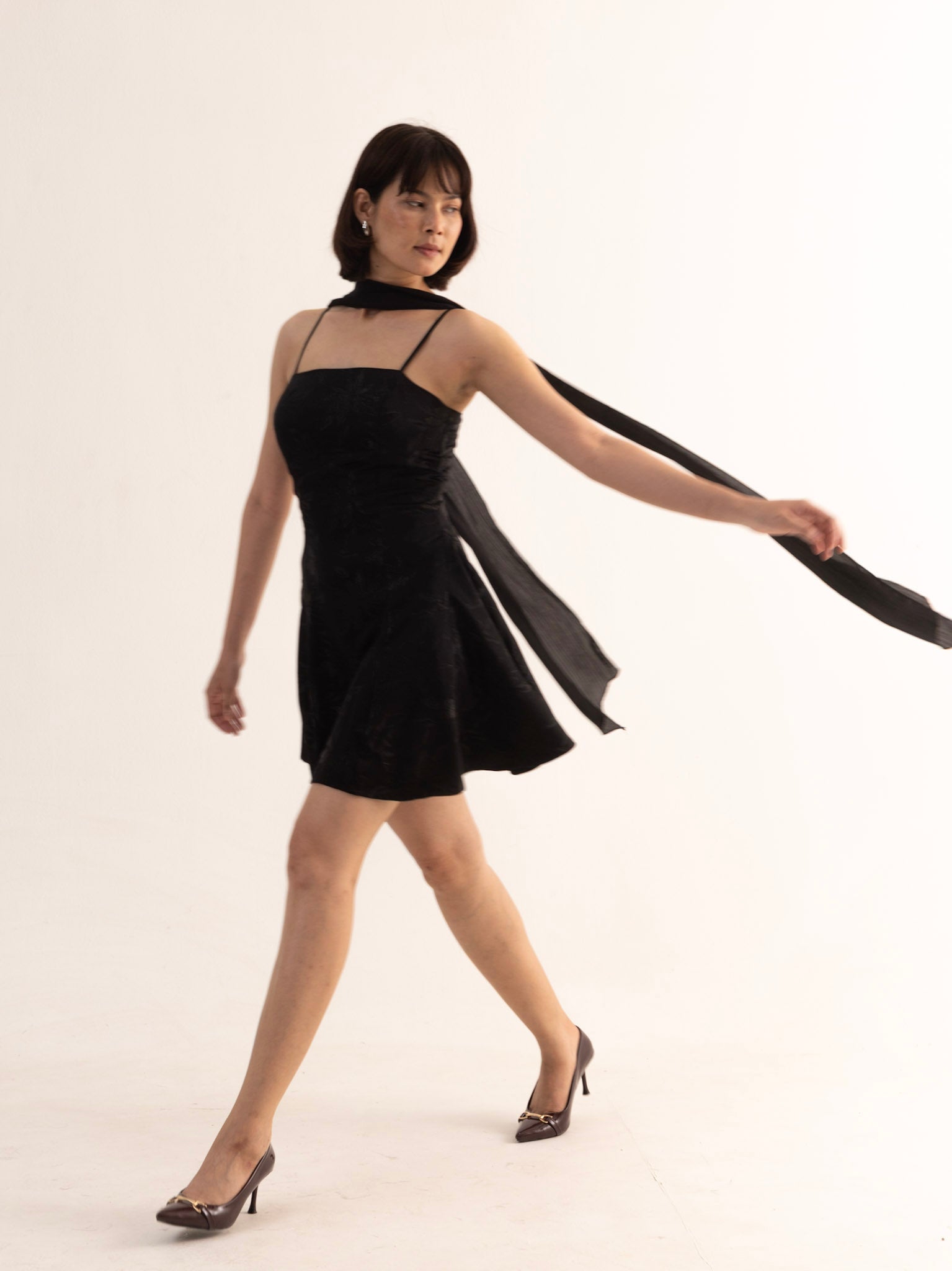 BLAIR Black Flared Mini Dress with Scarf