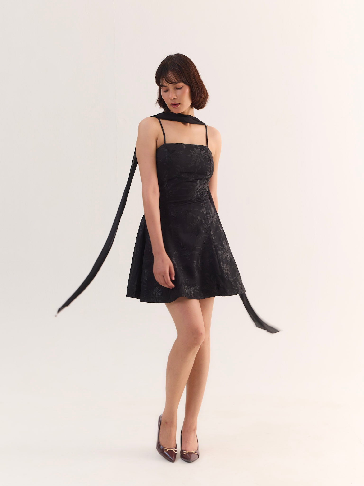 Blair Black Flared Mini Dress with Scarf