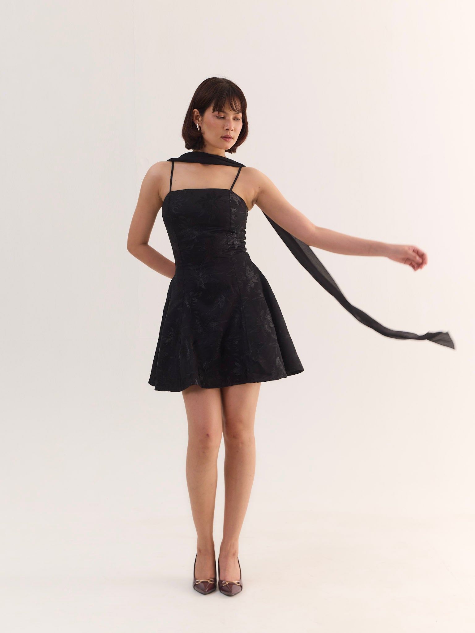 Blair Black Flared Mini Dress with Scarf
