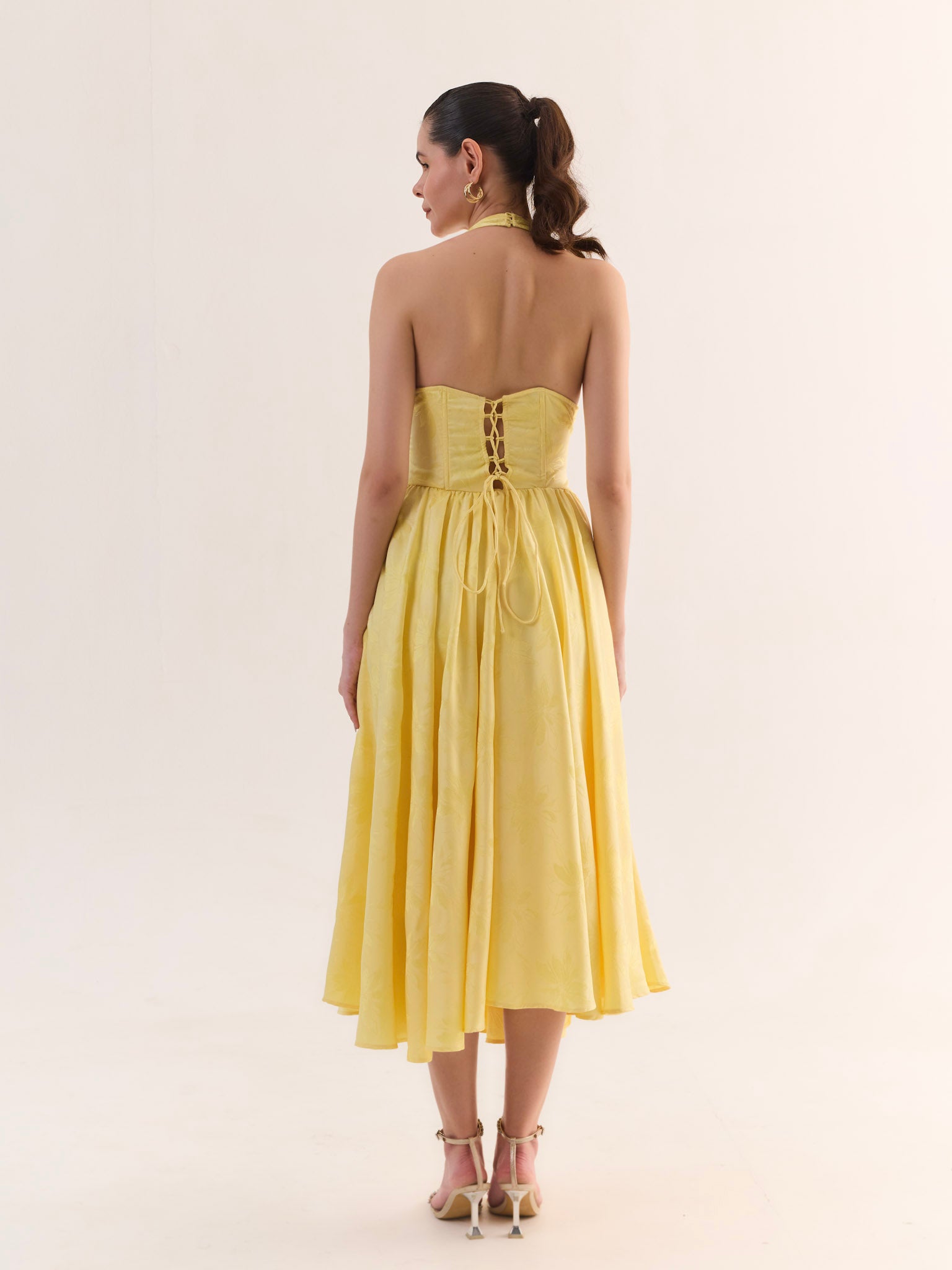 JULIETTE Butter Yellow Satin Jacquard Midi Dress