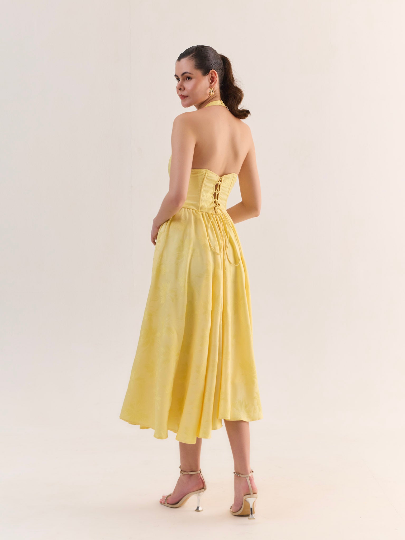 JULIETTE Butter Yellow Satin Jacquard Midi Dress