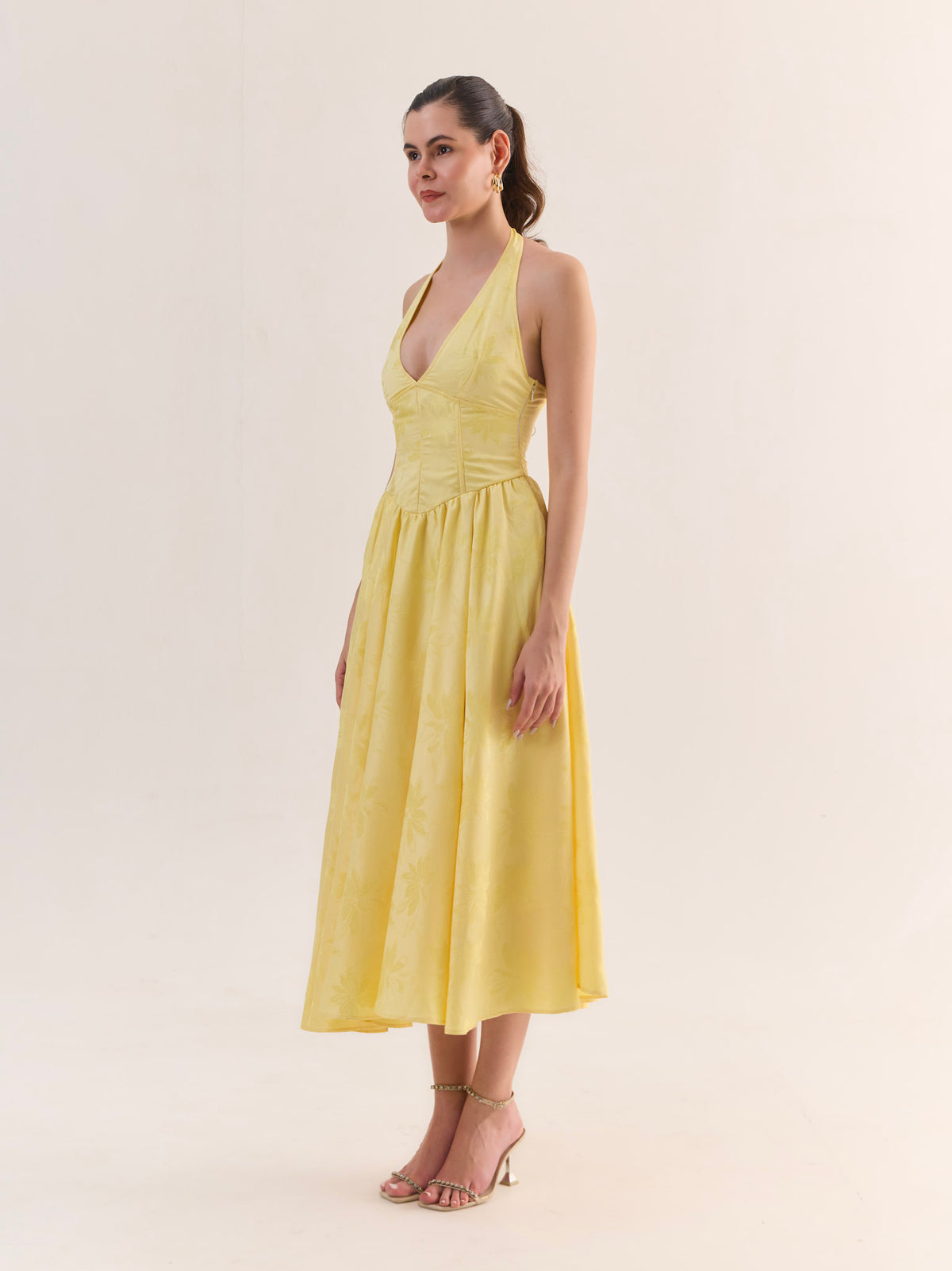 JULIETTE Butter Yellow Satin Jacquard Midi Dress