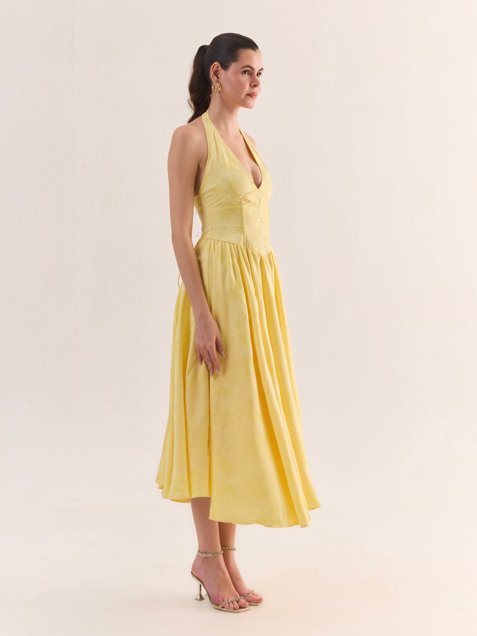 JULIETTE Butter Yellow Satin Jacquard Midi Dress
