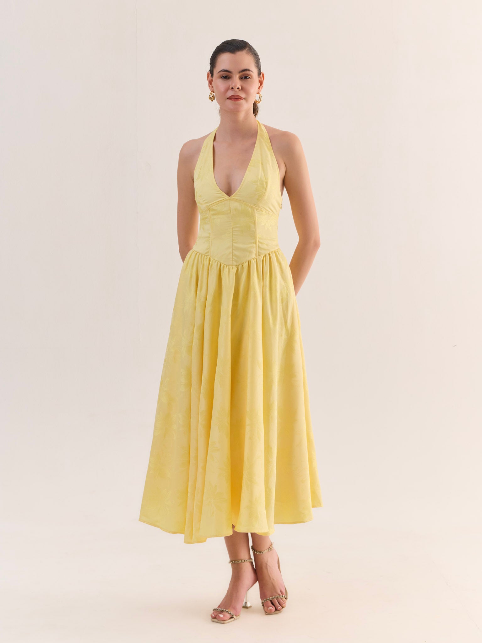JULIETTE Butter Yellow Satin Jacquard Midi Dress