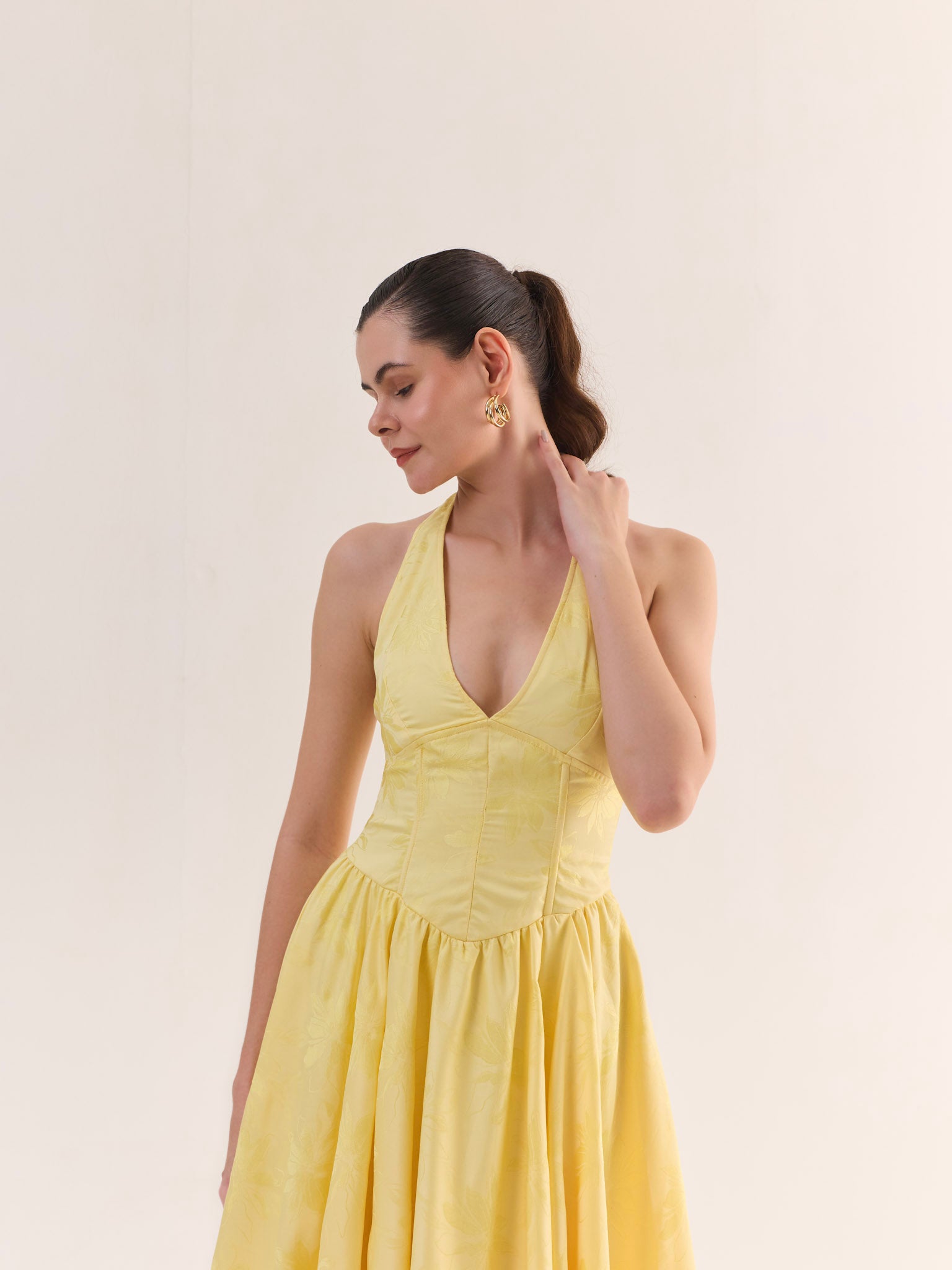 JULIETTE Butter Yellow Satin Jacquard Midi Dress