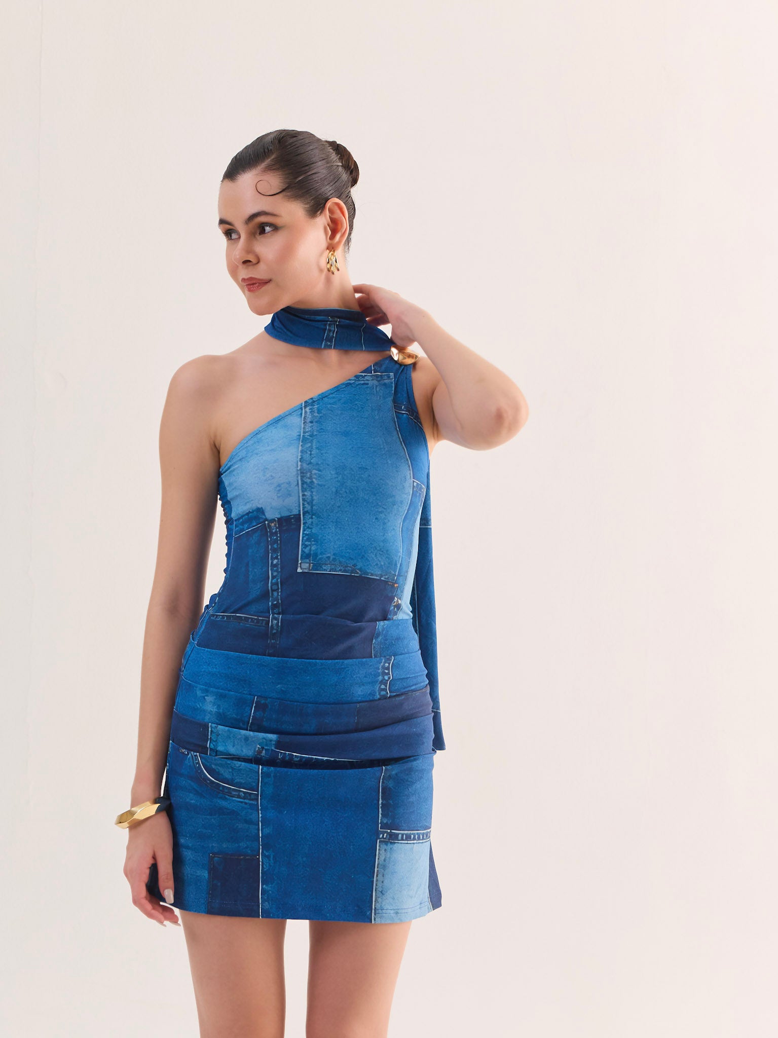 LEAH Denim Print Scarf Mini Dress