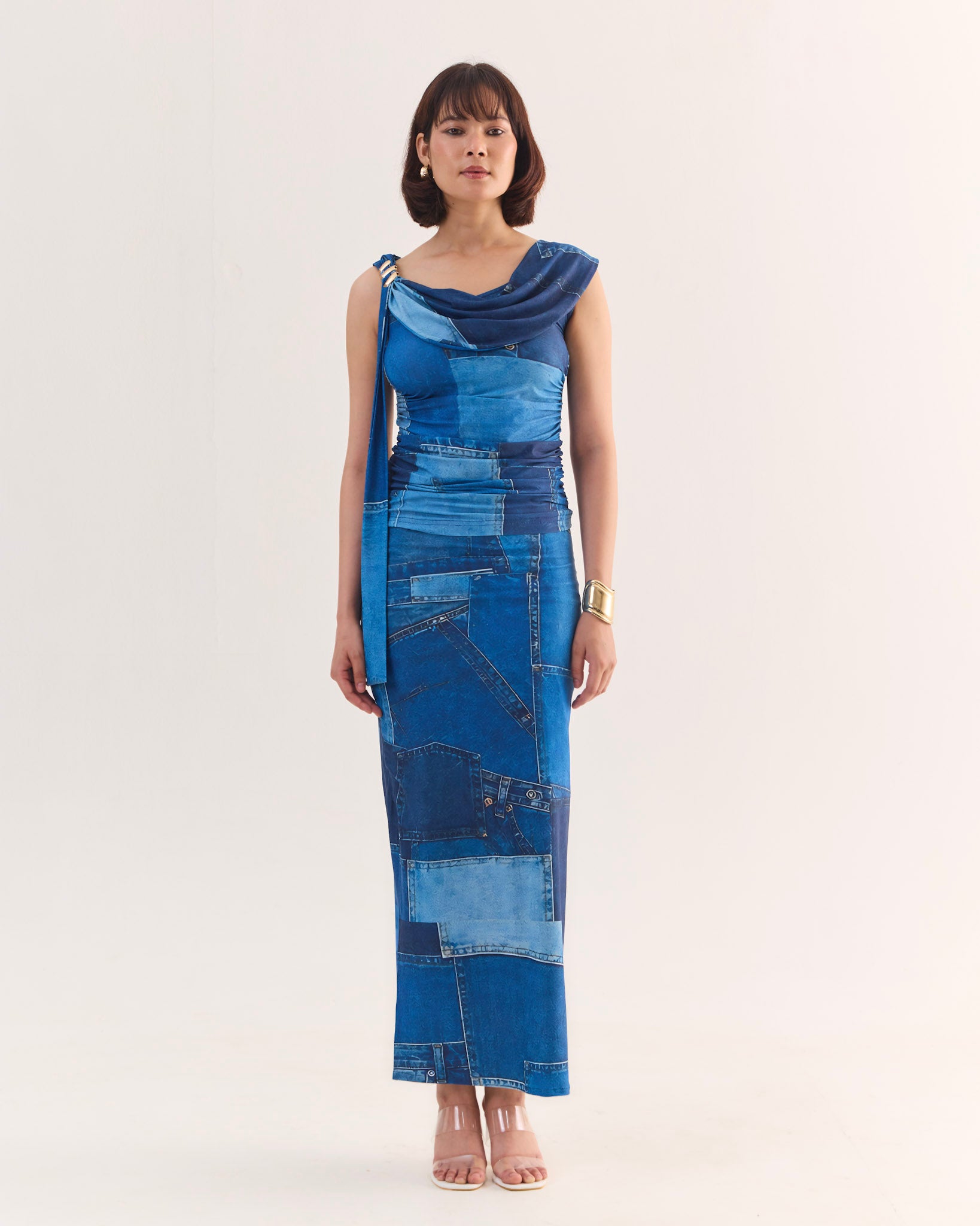 MIRAGE Denim Print Cowl Neck Top