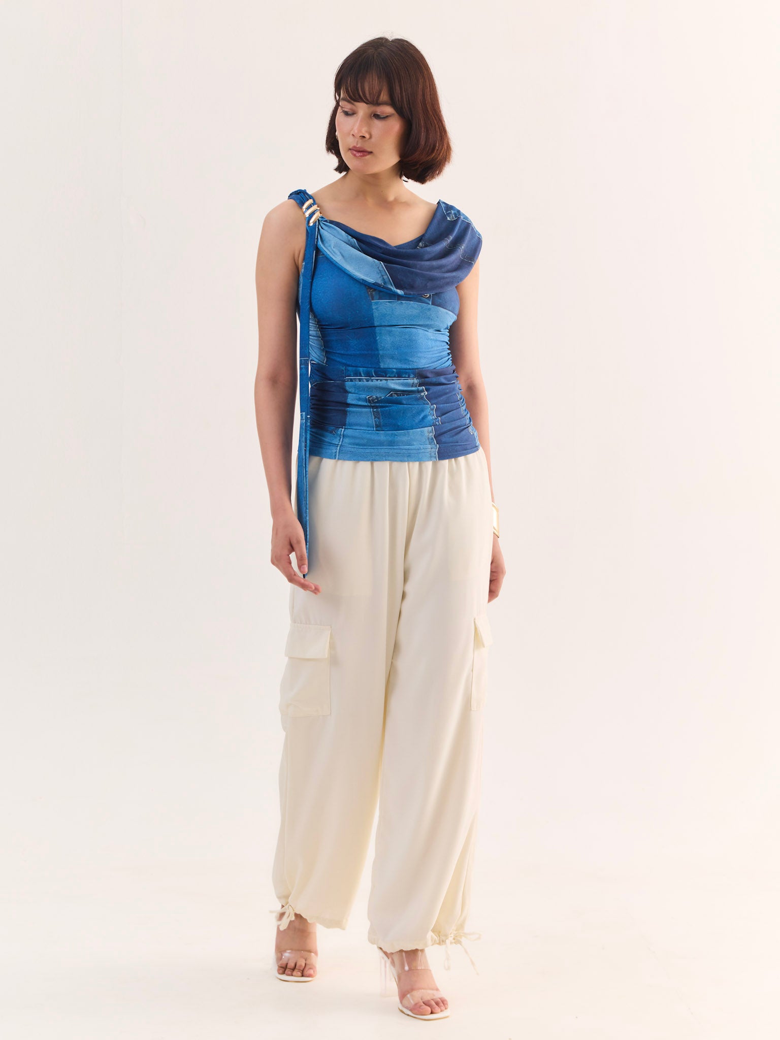 MIRAGE Denim Print Cowl Neck Top