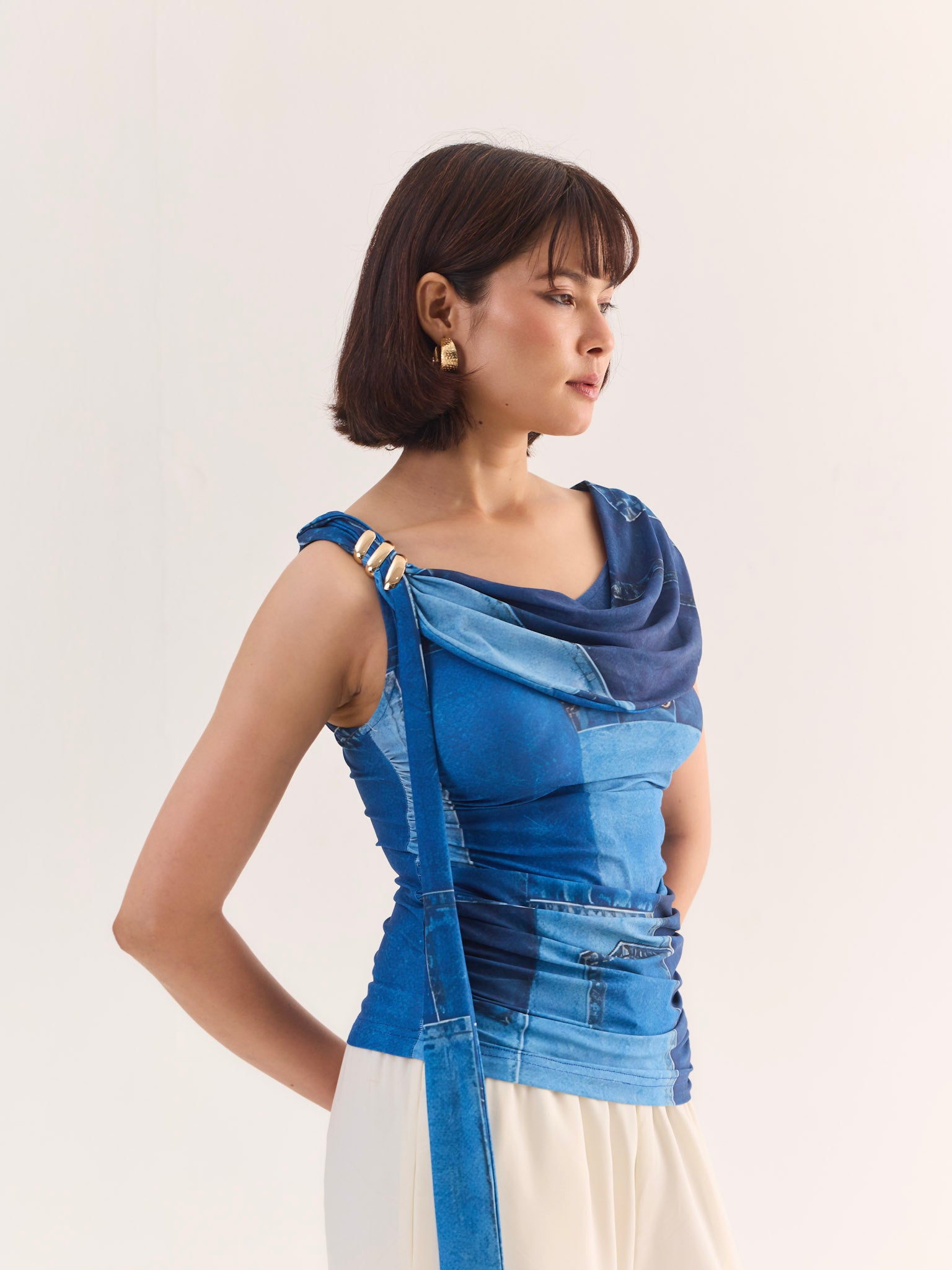 MIRAGE Denim Print Cowl Neck Top