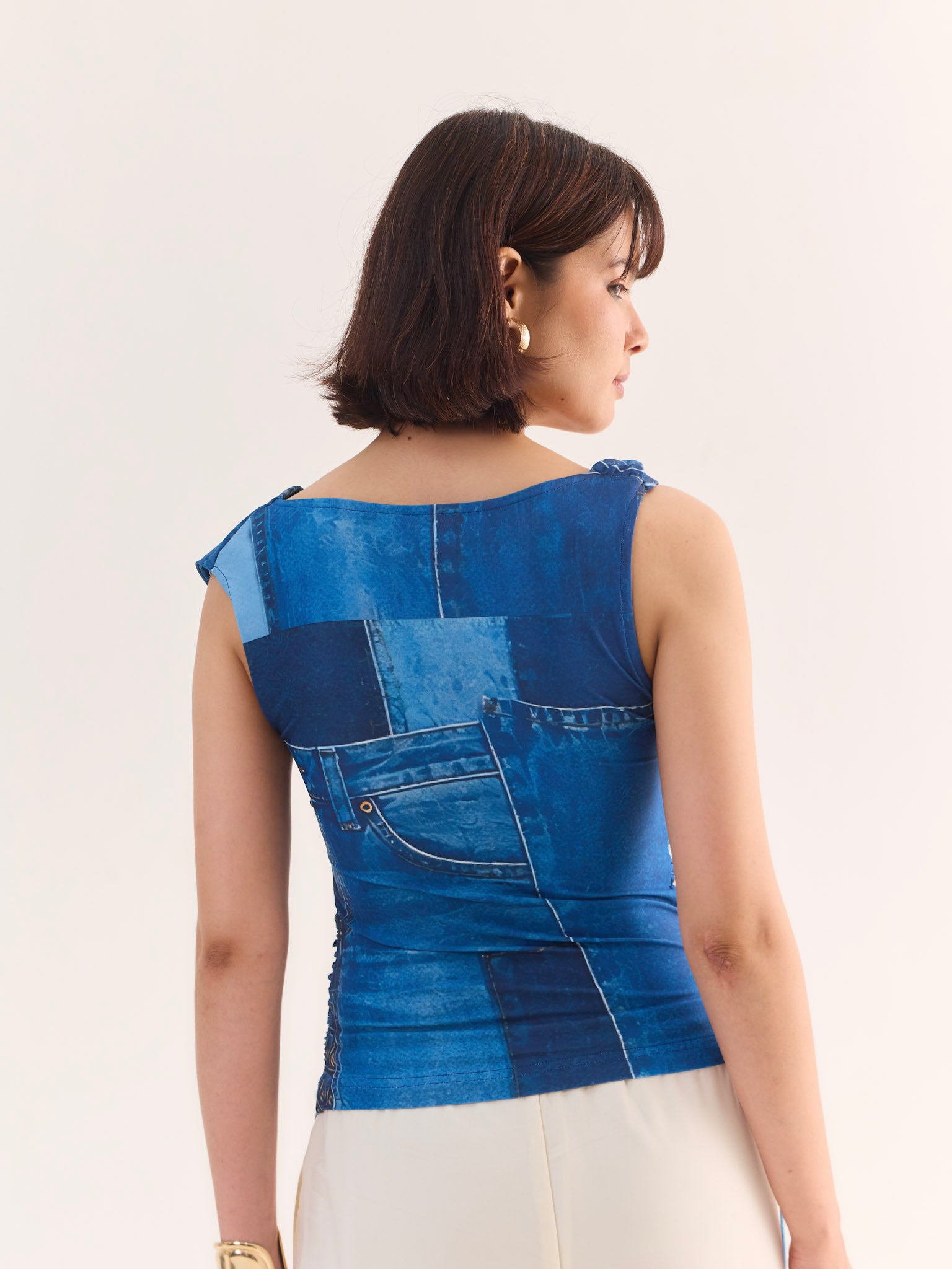 MIRAGE Denim Print Cowl Neck Top