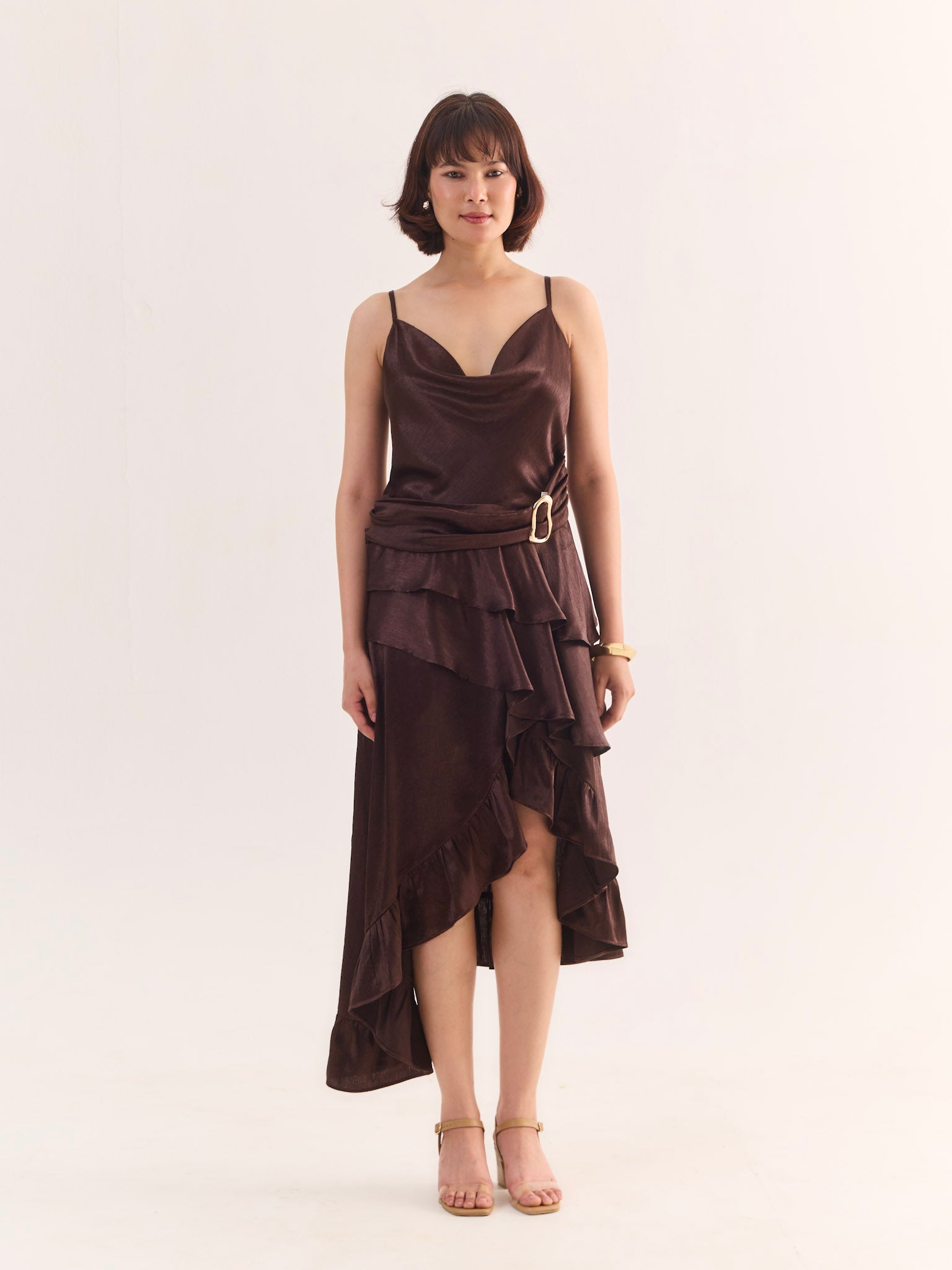 COCO Draped Satin Asymmetric Midi Dress