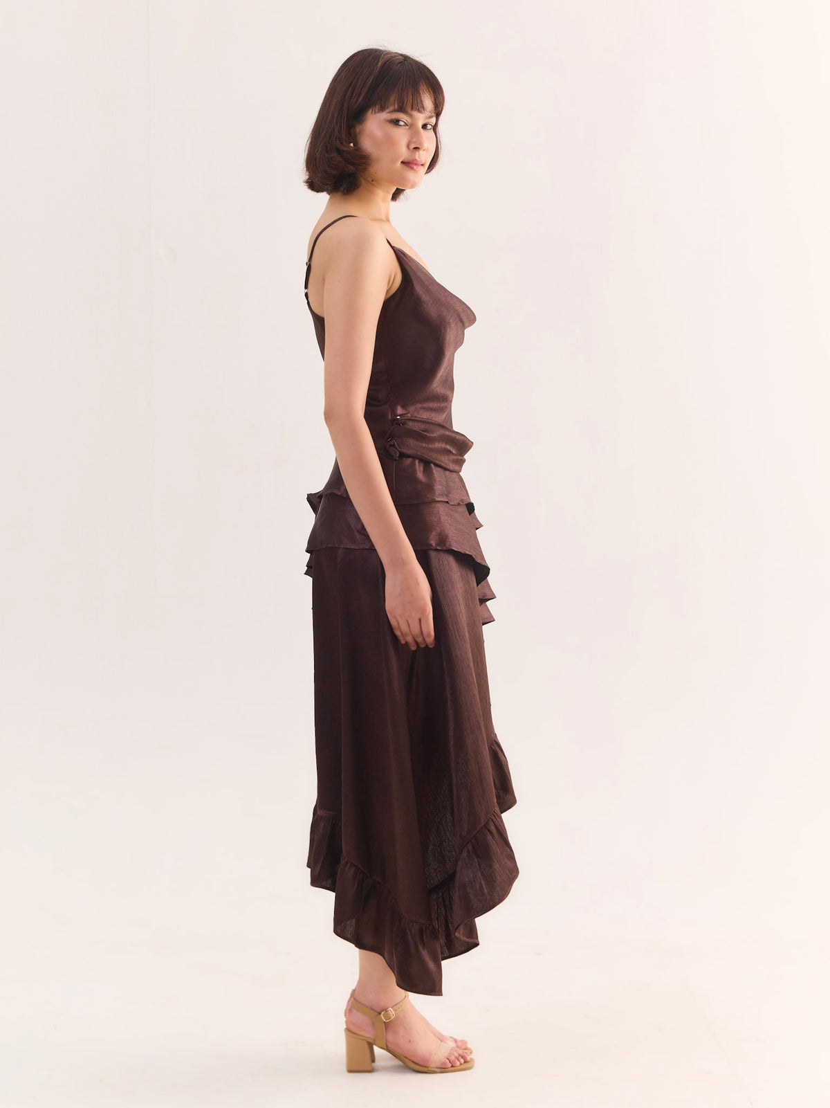 COCO Draped Satin Asymmetric Midi Dress