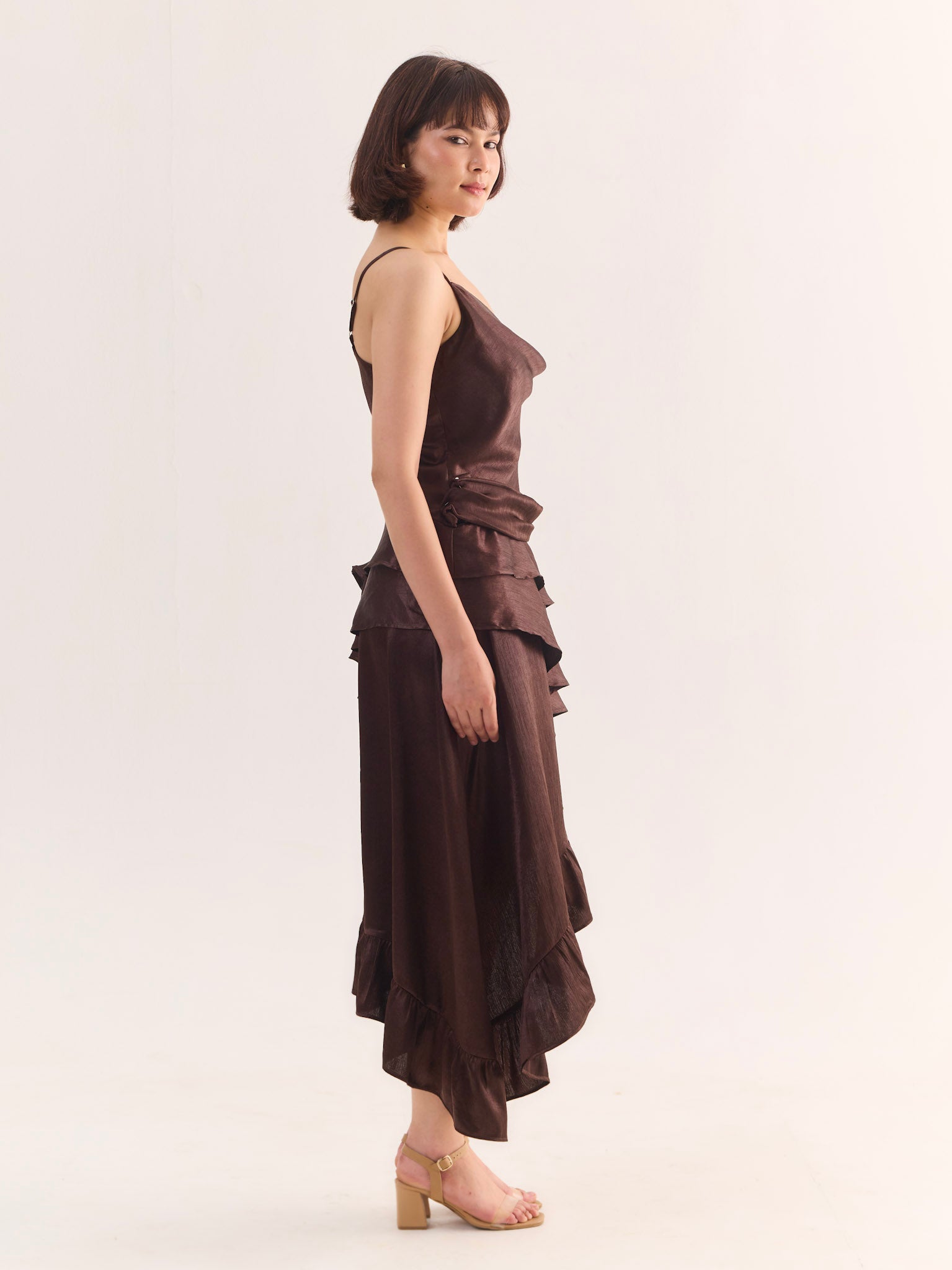 COCO Draped Satin Asymmetric Midi Dress