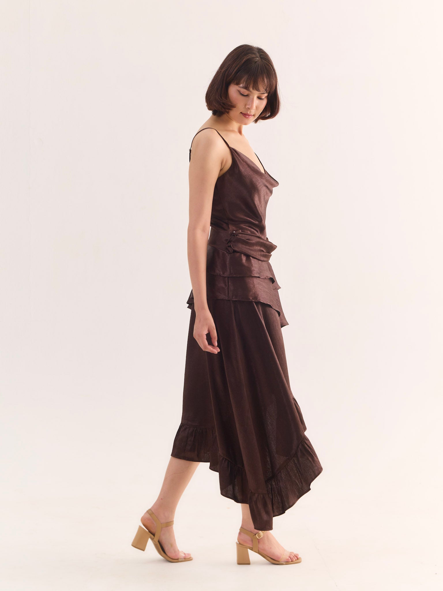 COCO Draped Satin Asymmetric Midi Dress