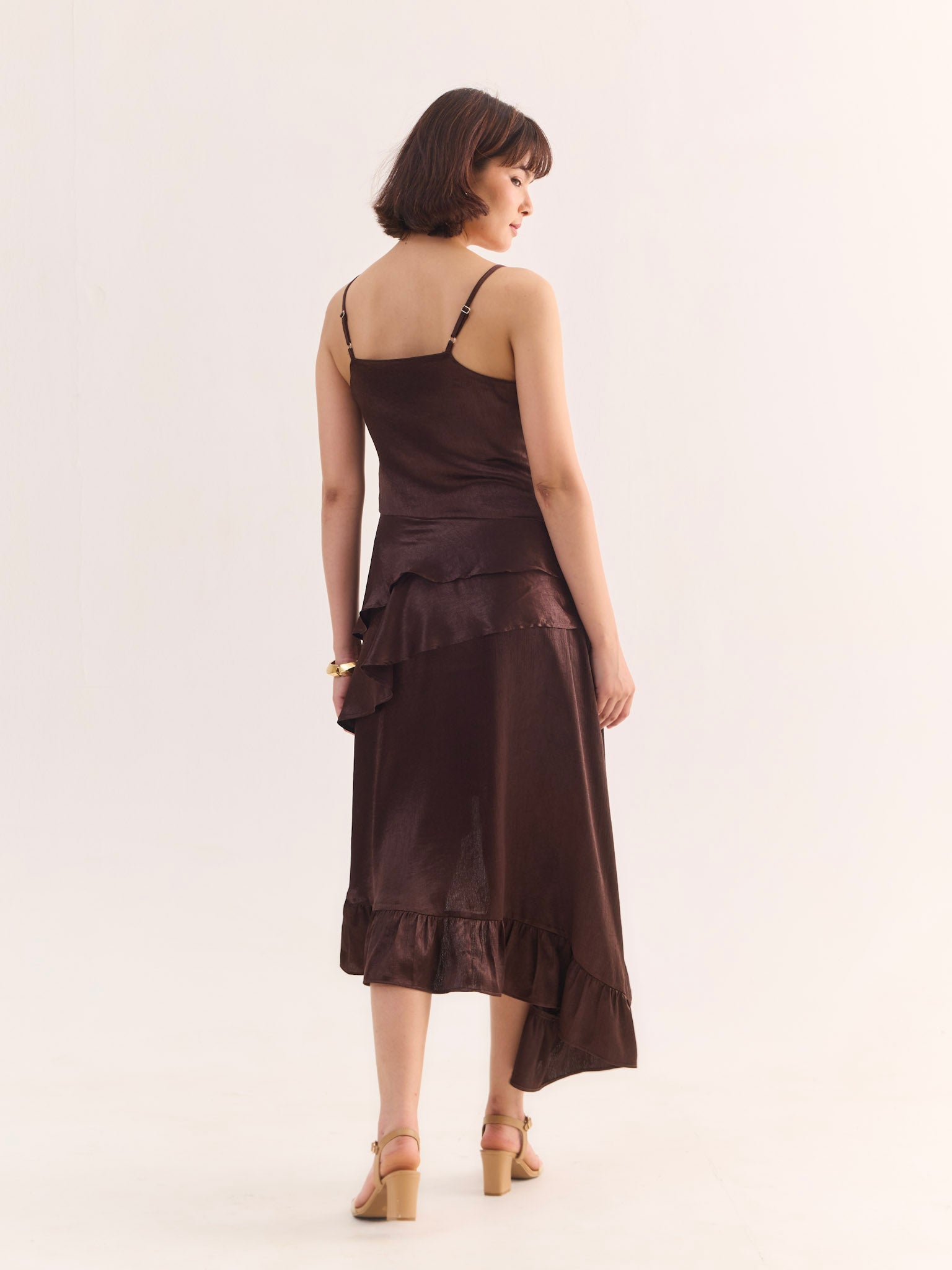 COCO Draped Satin Asymmetric Midi Dress