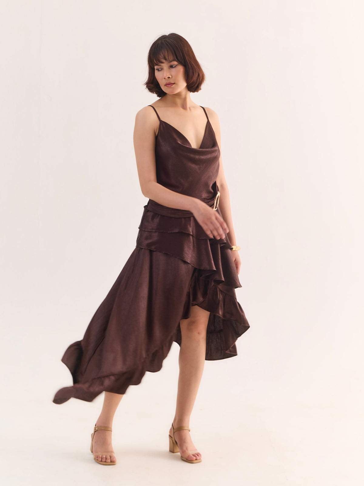 COCO Draped Satin Asymmetric Midi Dress