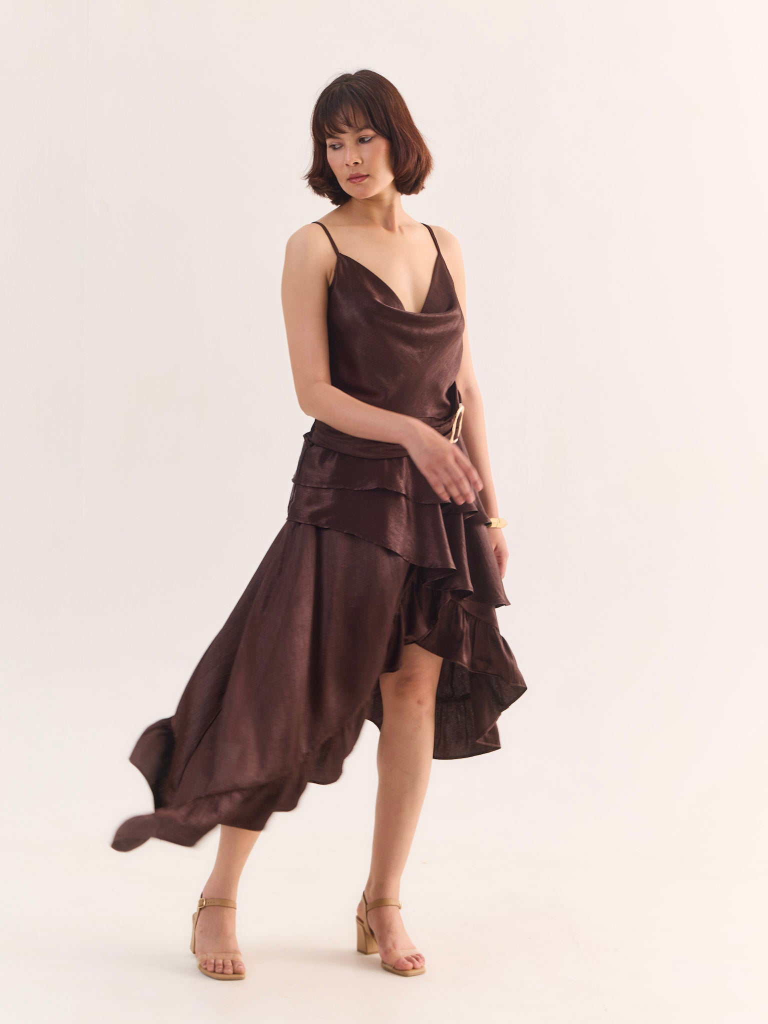 COCO Draped Satin Asymmetric Midi Dress