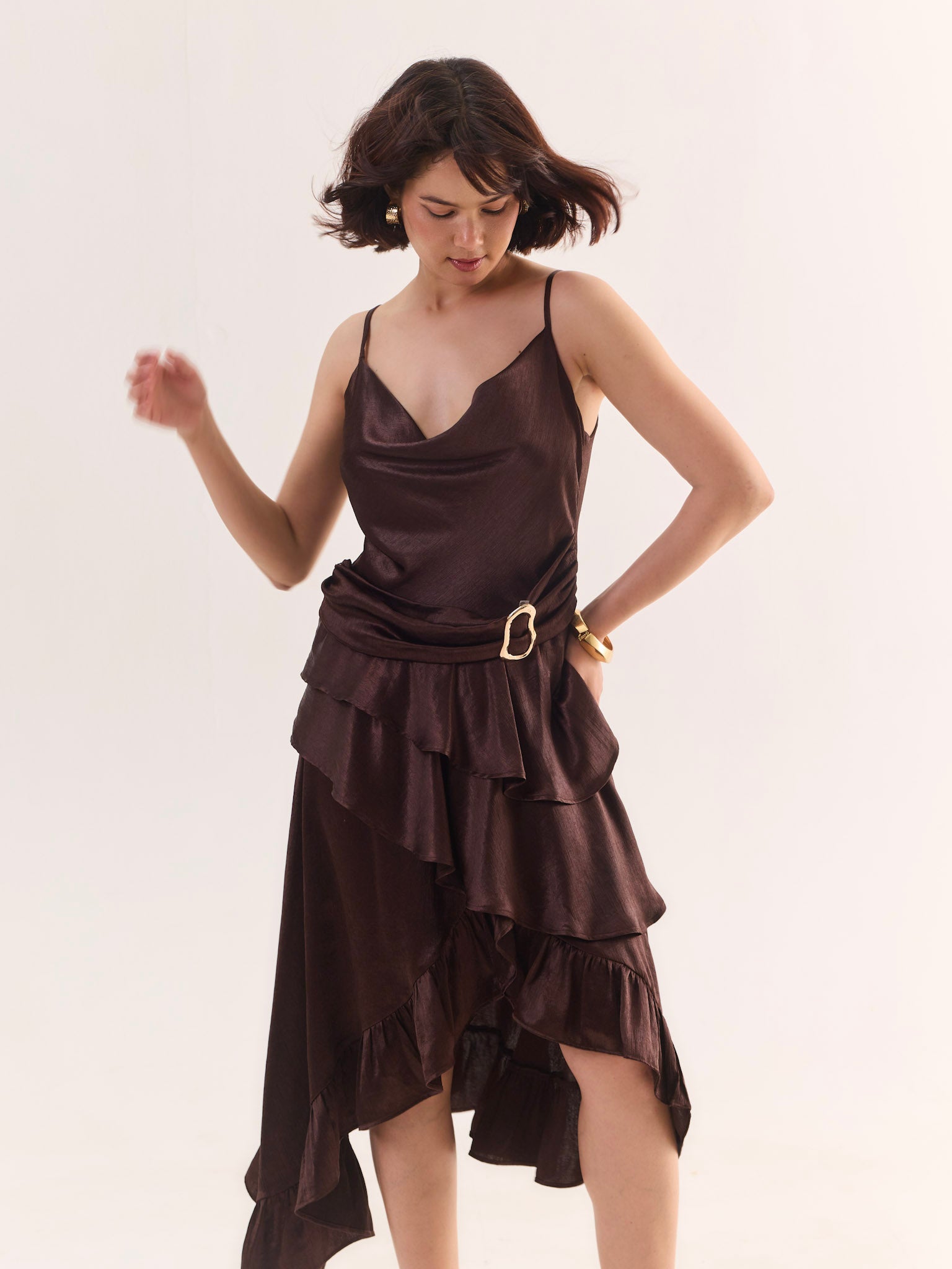COCO Draped Satin Asymmetric Midi Dress