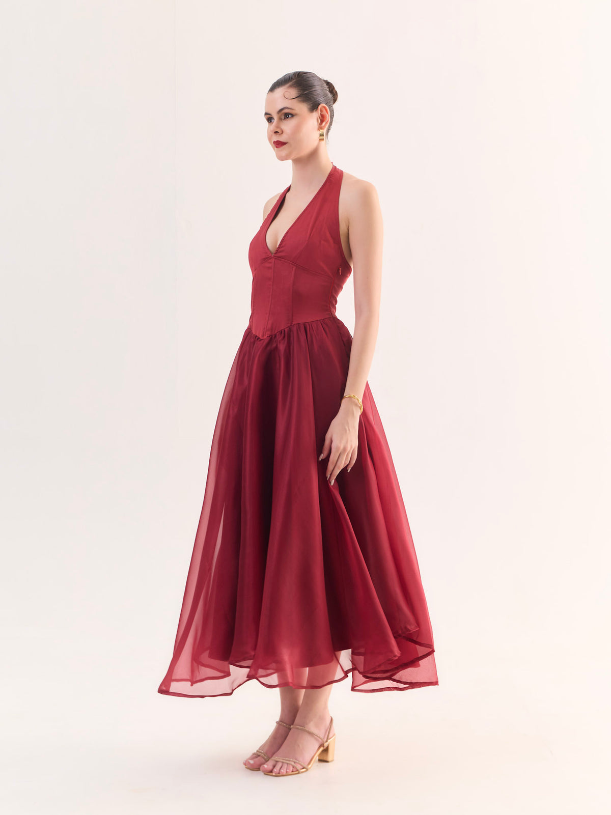 RUBY Halter Satin Flared Maxi Dress