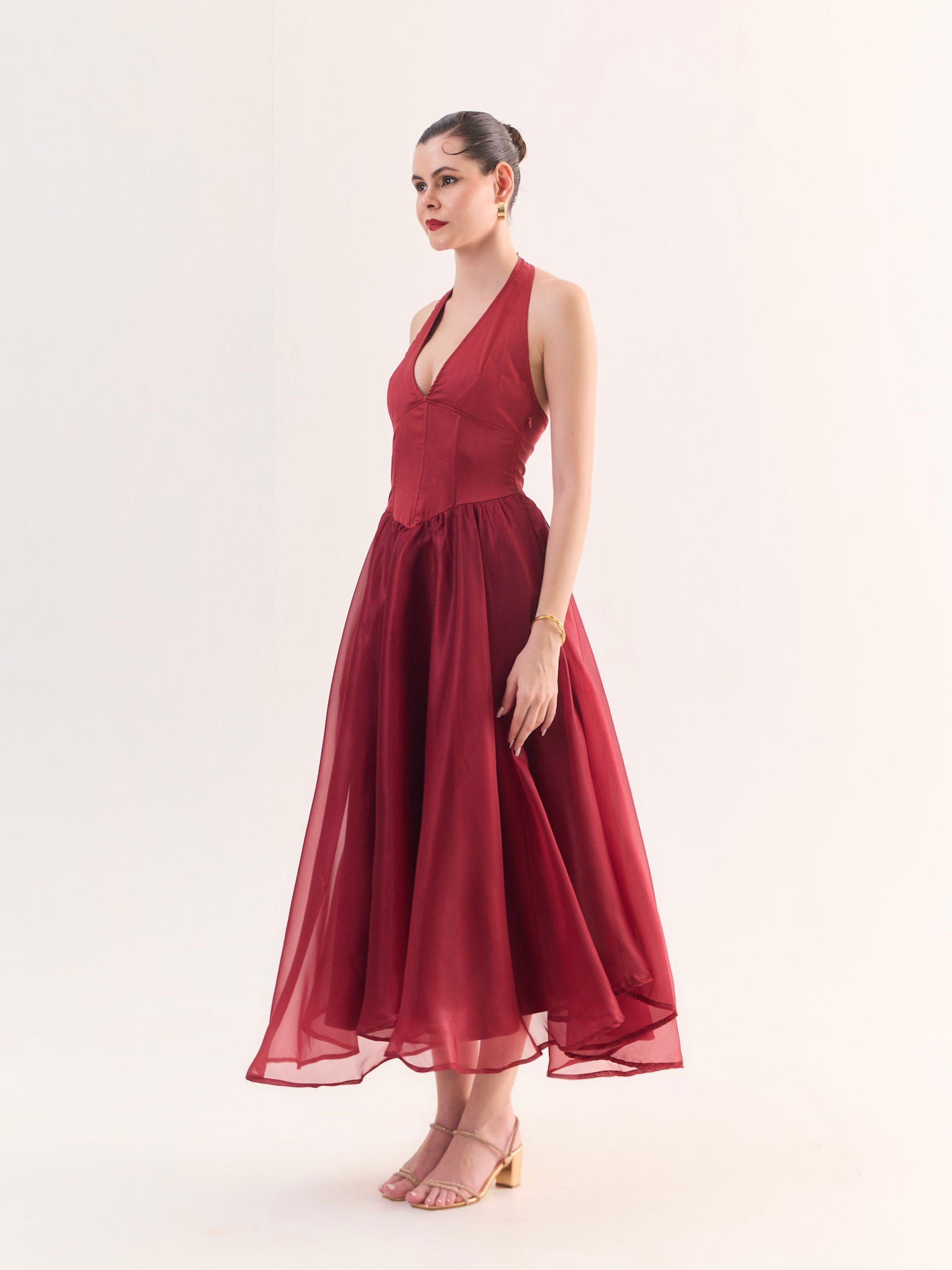 RUBY Halter Satin Flared Maxi Dress