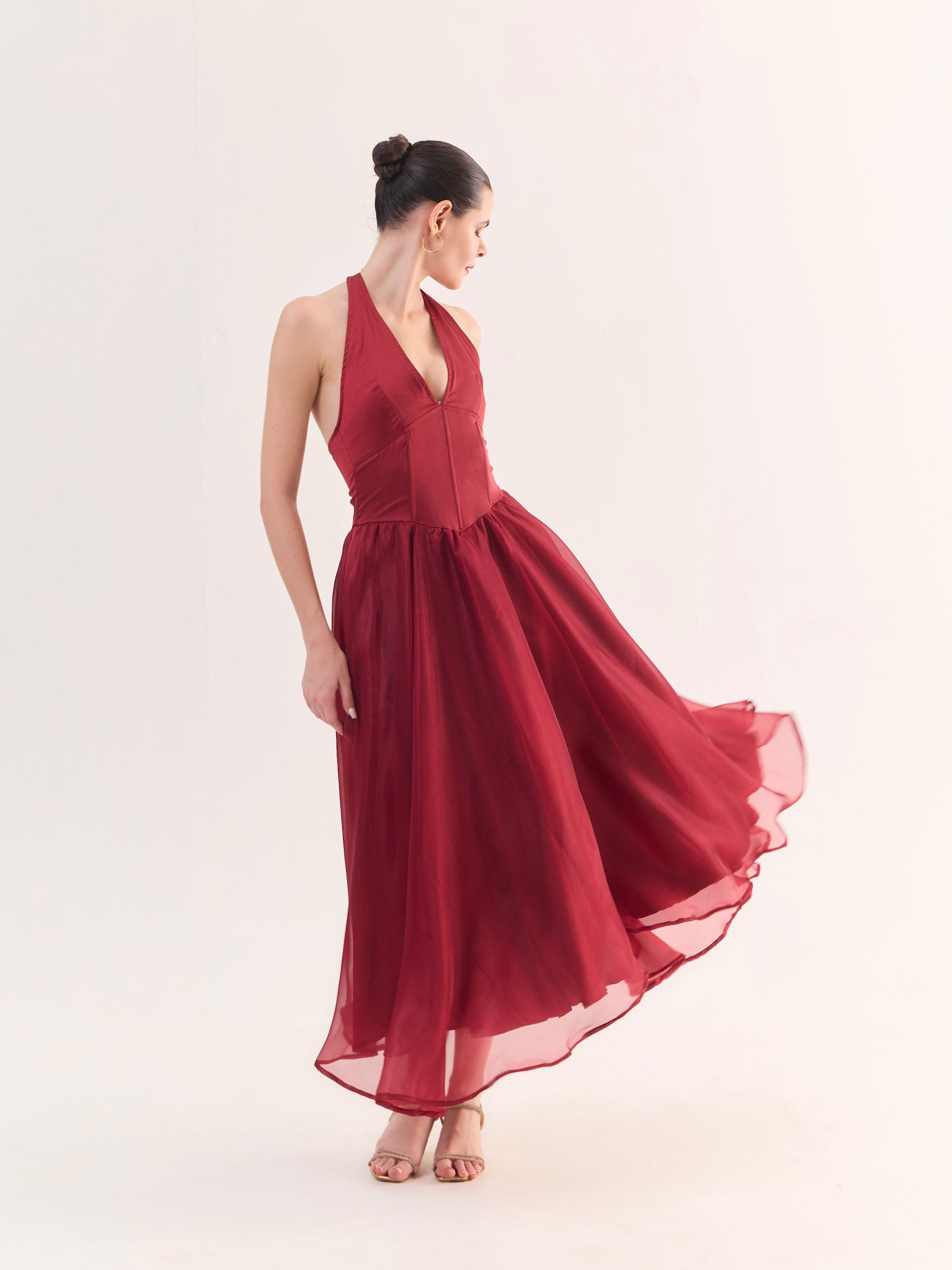 RUBY Halter Satin Flared Maxi Dress