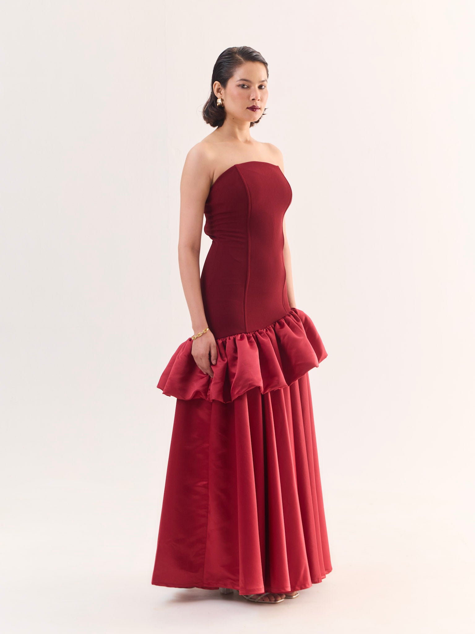 VICTORIA Strapless Peplum Drop Waist Maxi Dress