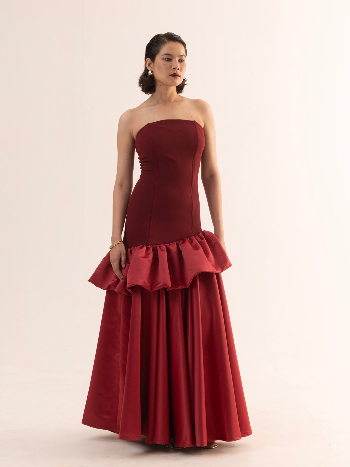VICTORIA Strapless Peplum Drop Waist Maxi Dress