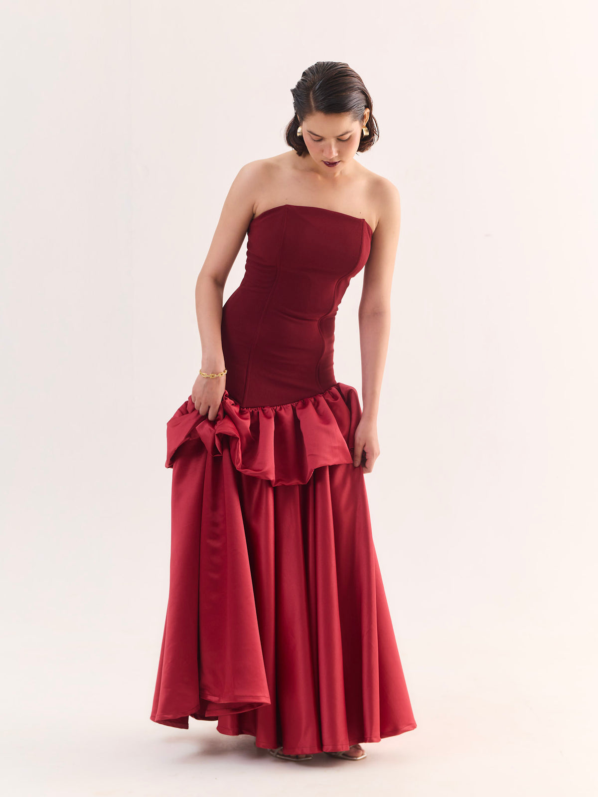 VICTORIA Strapless Peplum Drop Waist Maxi Dress