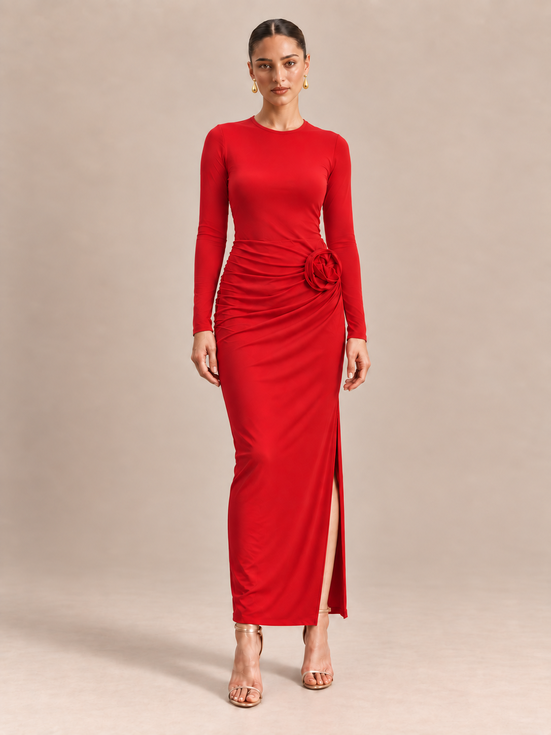 VIVIANNA Crimson Red Rosette Maxi Dress