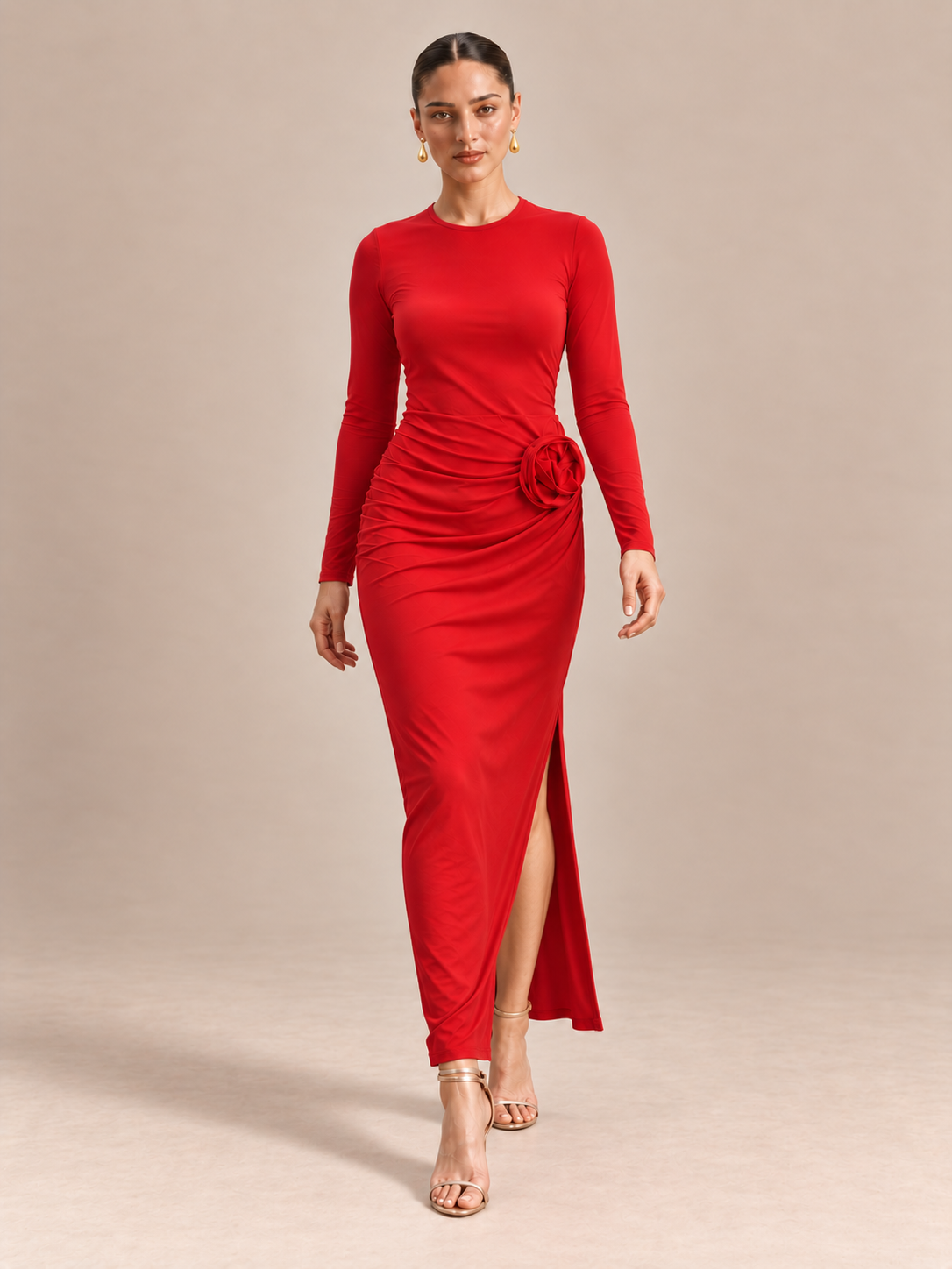 VIVIANNA Crimson Red Rosette Maxi Dress